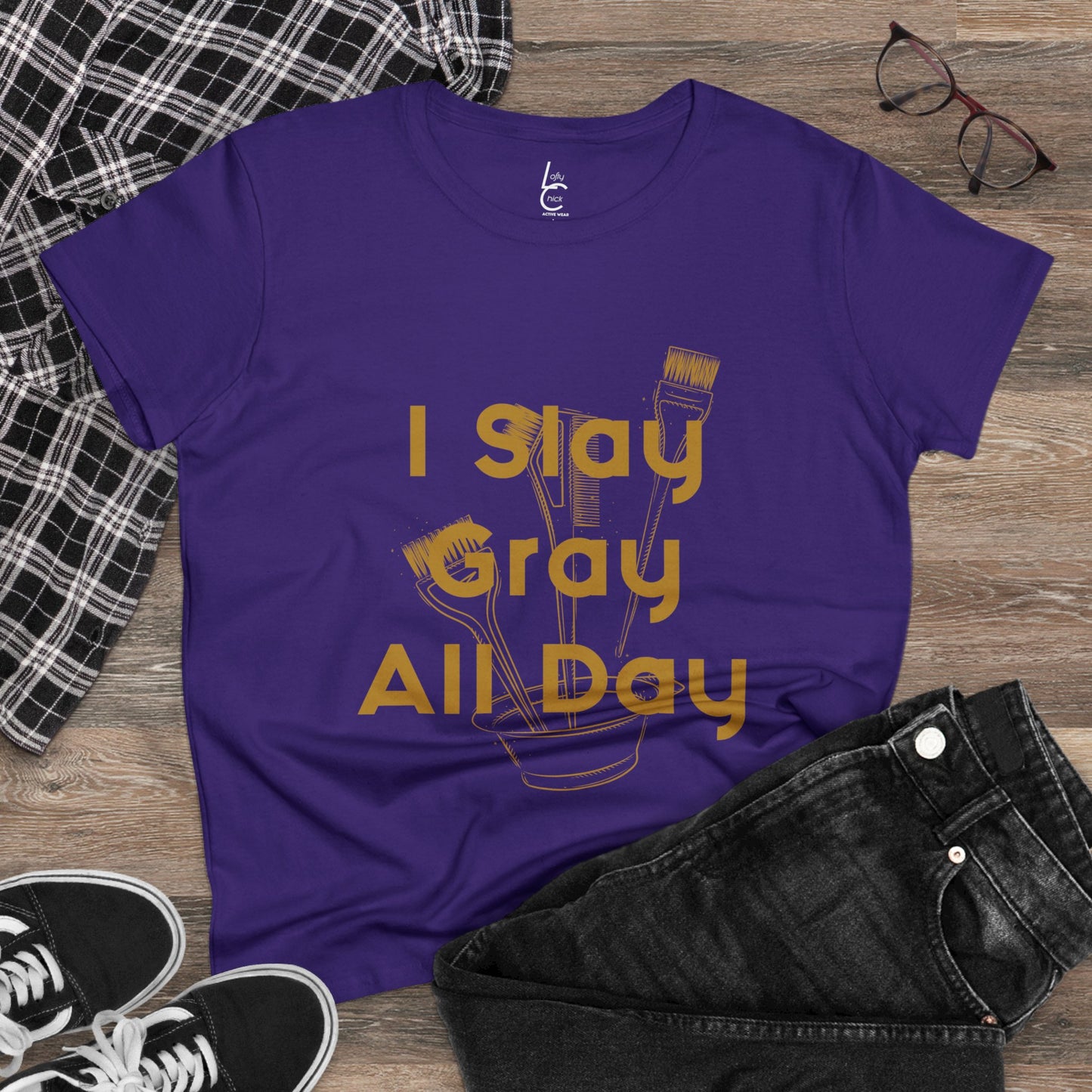 Cotton Graphic Tee I Slay Gray All Day For Hairstylist Cotton Tee Gold Text Tee Shirt Cotton Tee