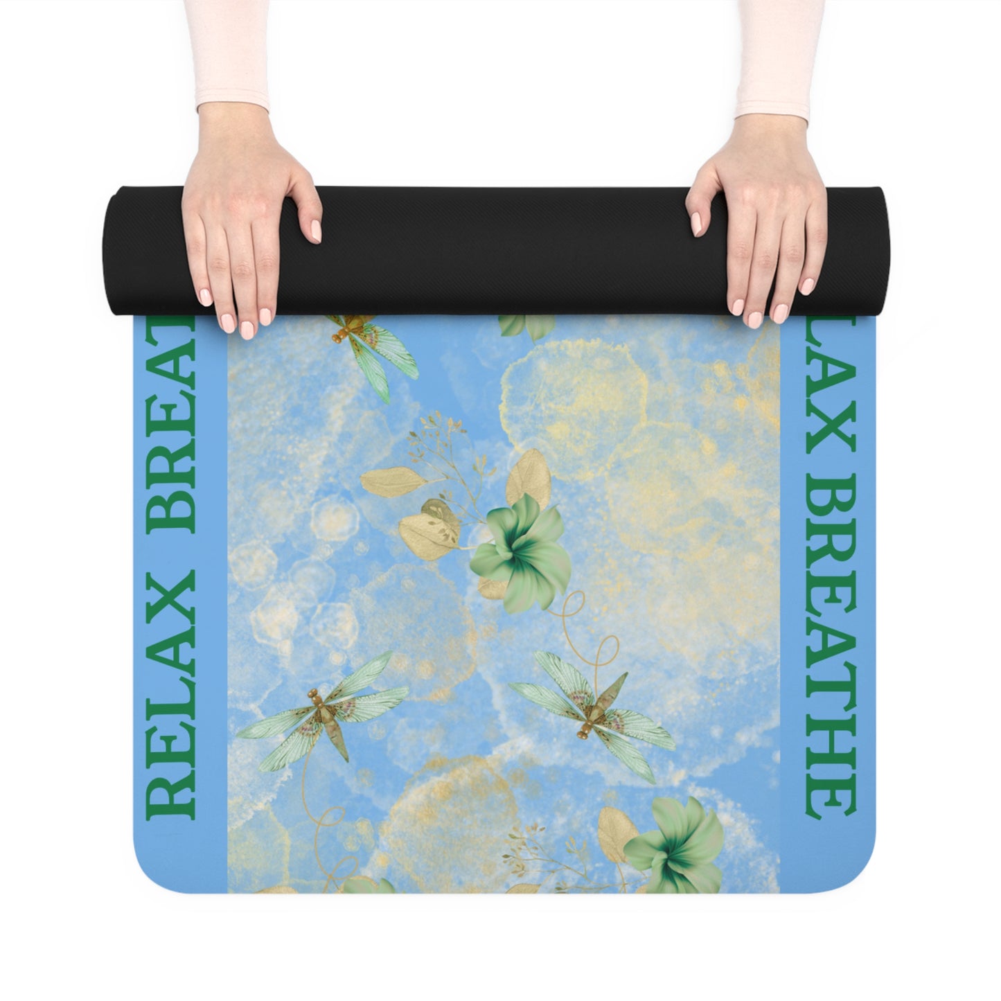 Rubber Yoga Mat Green Fireflies 'RELAX' 'BREATHE' on light blue Non-Slip Exercise Pilates Gym Fitness, Eco-Friendly Workout Mat, Meditation