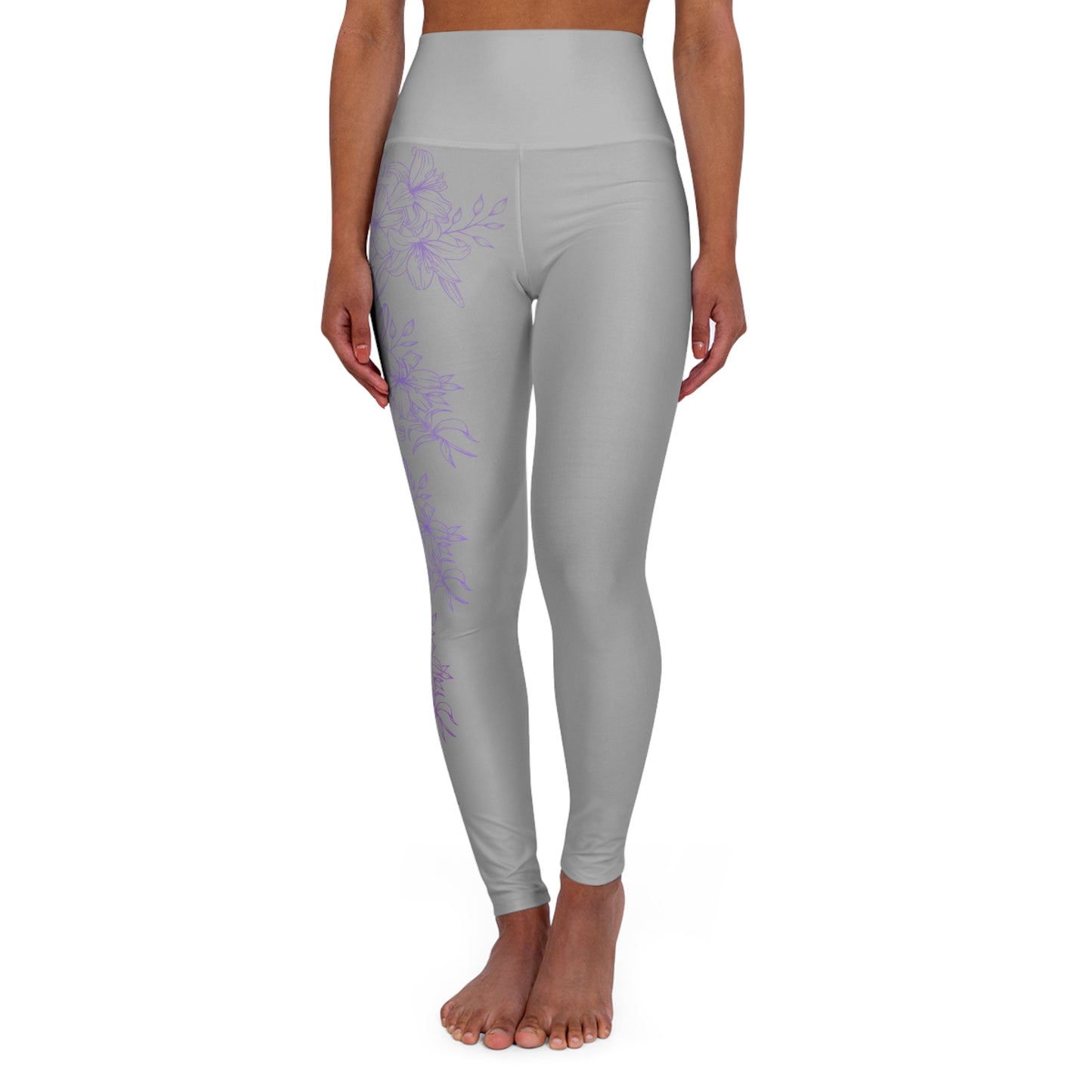 High Waisted Workout leggings Leggings for Woman Workout Gear Colorful Leggings Yoga Leggings with Purple Flowers on Gray