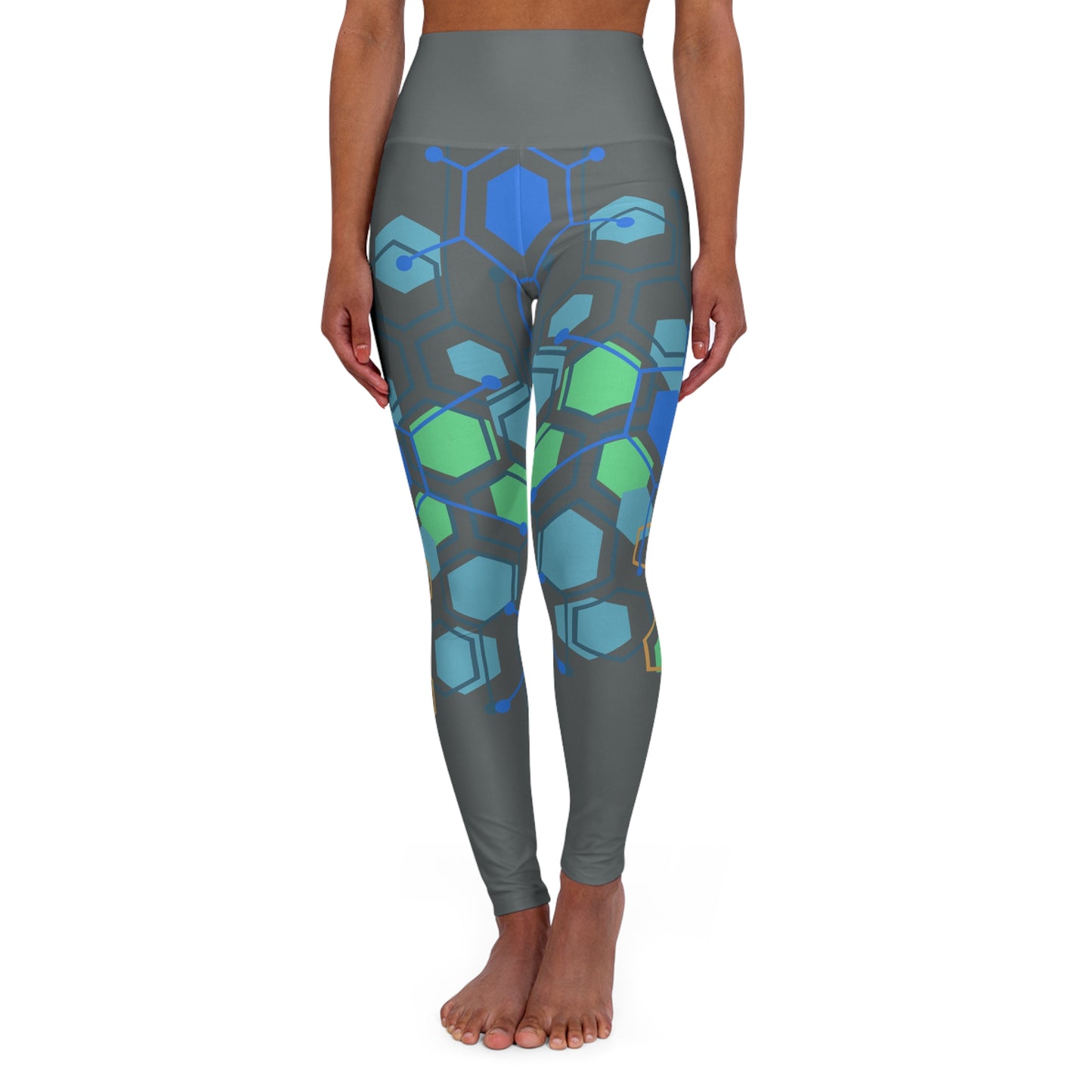 High Waisted Workout Leggings for Woman Green/Blue Geo on Dark Gray