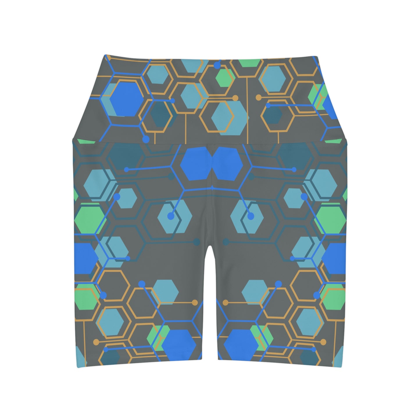High Waisted Yoga Shorts with Blue and Grreen Geo Pop Design on Gray Yoga Shorts for Woman