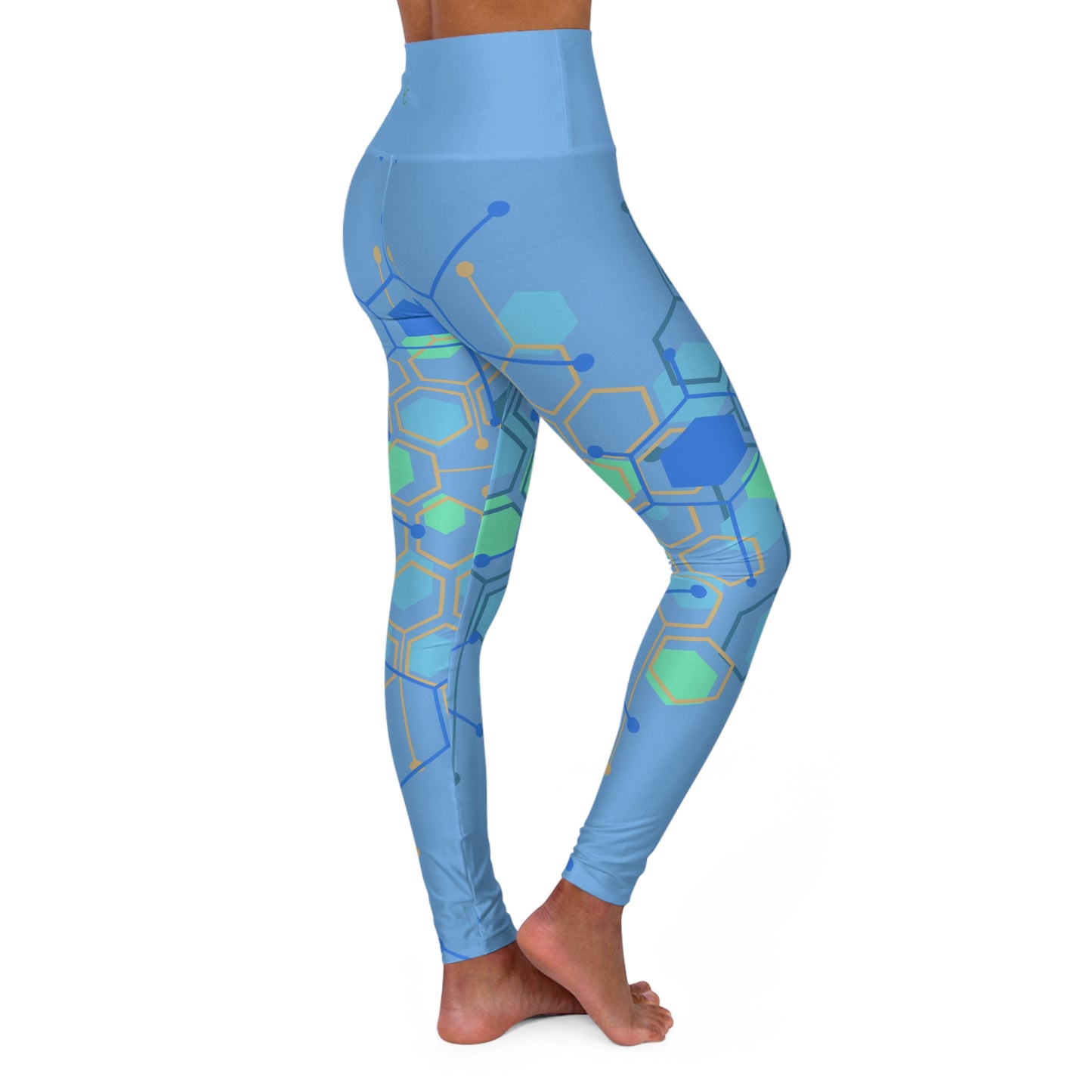 High Waisted Workout Leggings for Woman Green/Blue Geo on Lt Blue