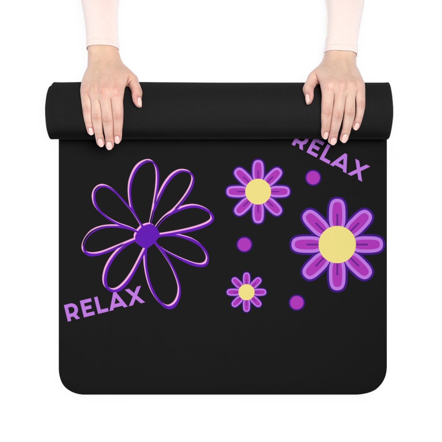 Rubber Yoga Mat, Purple Daisies on Black Non-Slip Exercise Pilates Gym Fitness, Eco-Friendly Extra Thick Workout Mat, Meditation Gift Idea