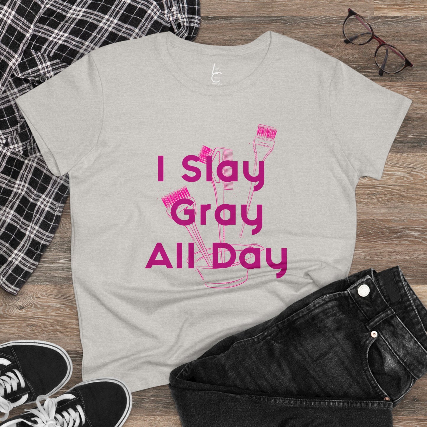 Cotton Graphic Tee for Hairstylist I Slay Gray All Day Cotton Tee Pink Text Tee Shirt Cotton Tee