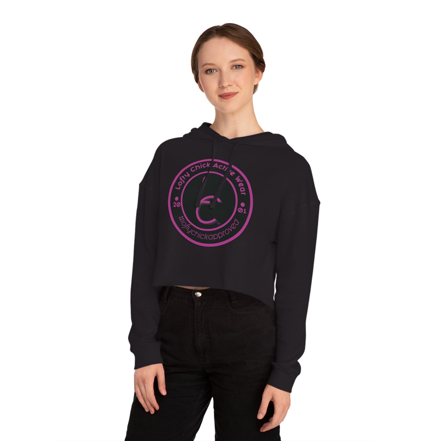 Cropped Hooded Sweatshirt With Lofty Chick 2001 Emblem on Front Cropped Hoodie Active Wear Pink