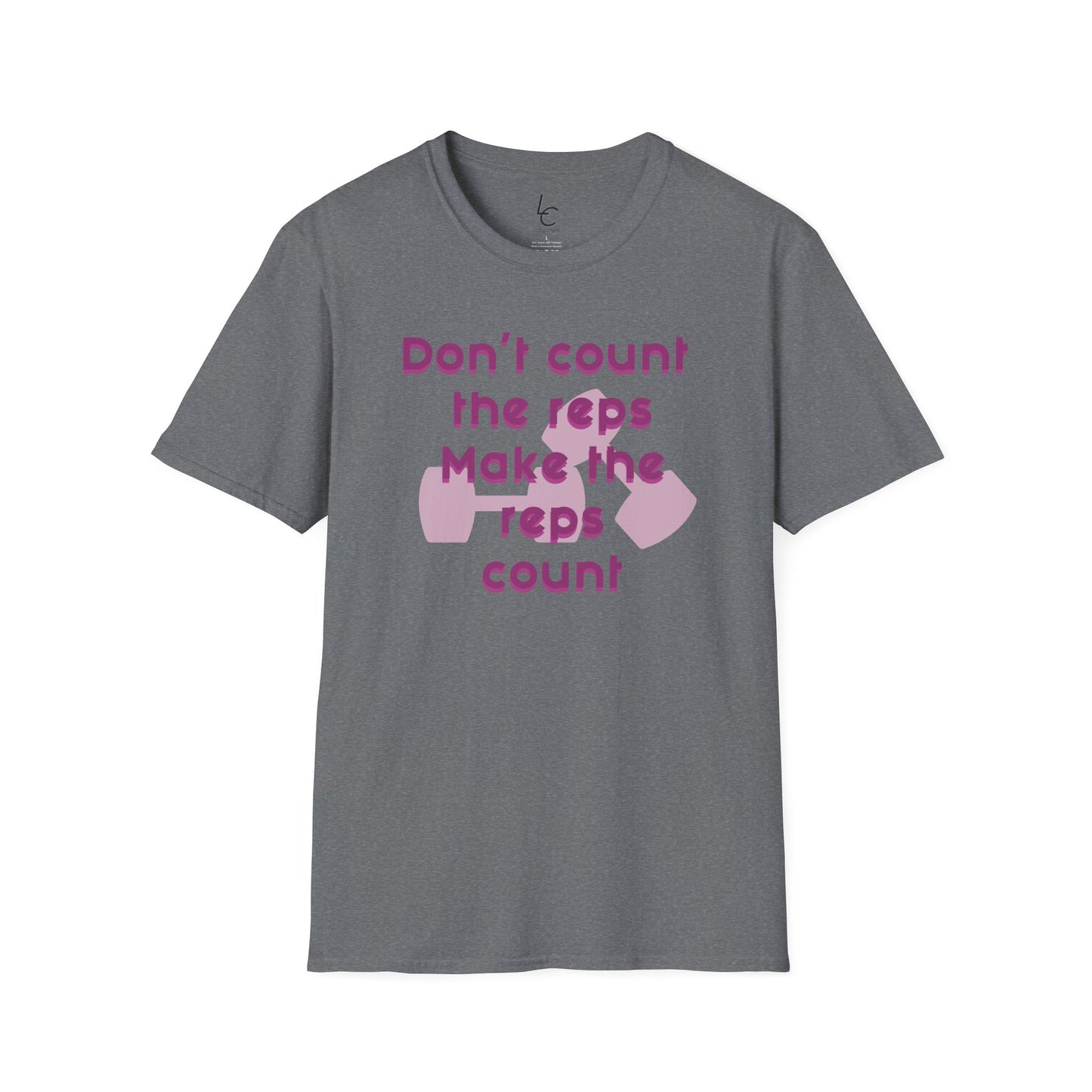 Graphic T-Shirt 'Don't count the reps Make the reps count' in Pink Weights