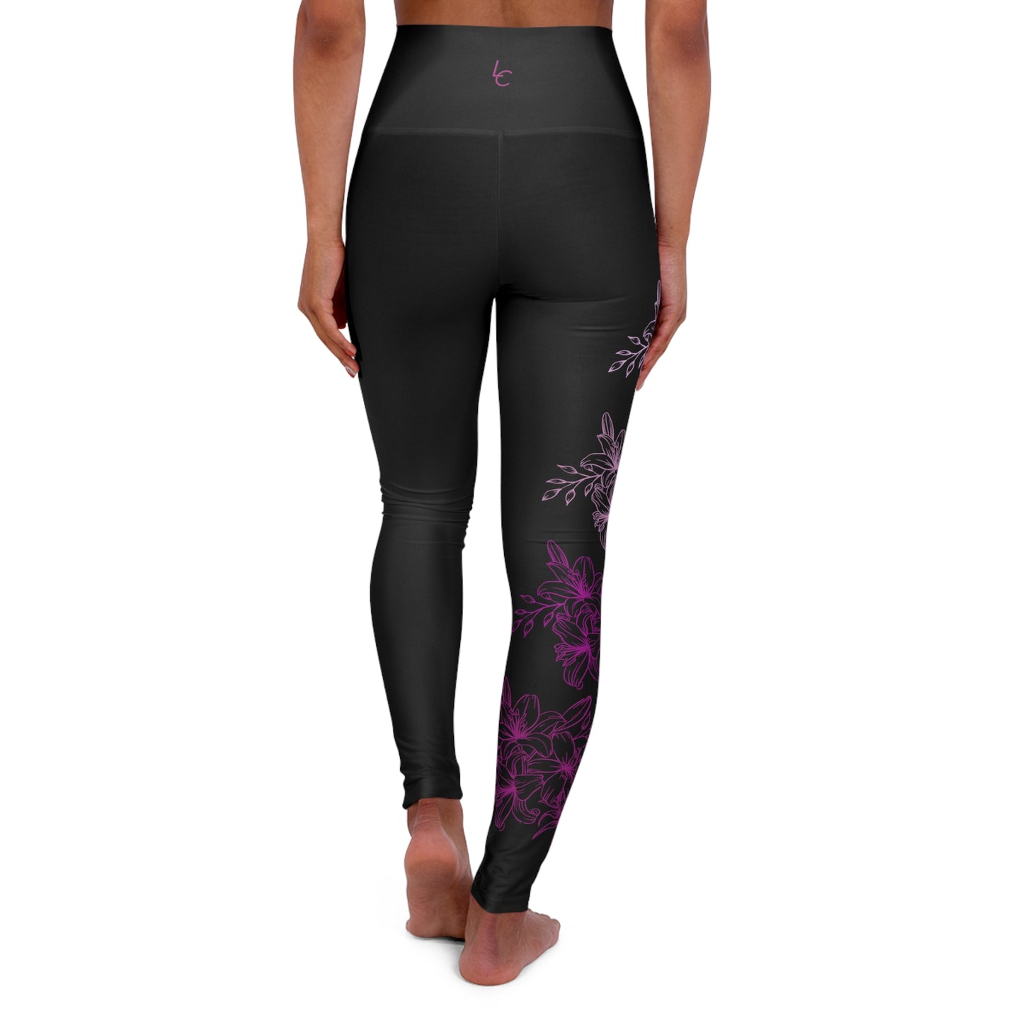 High Waisted Workout Leggings for Woman Pink Flowers/ Black