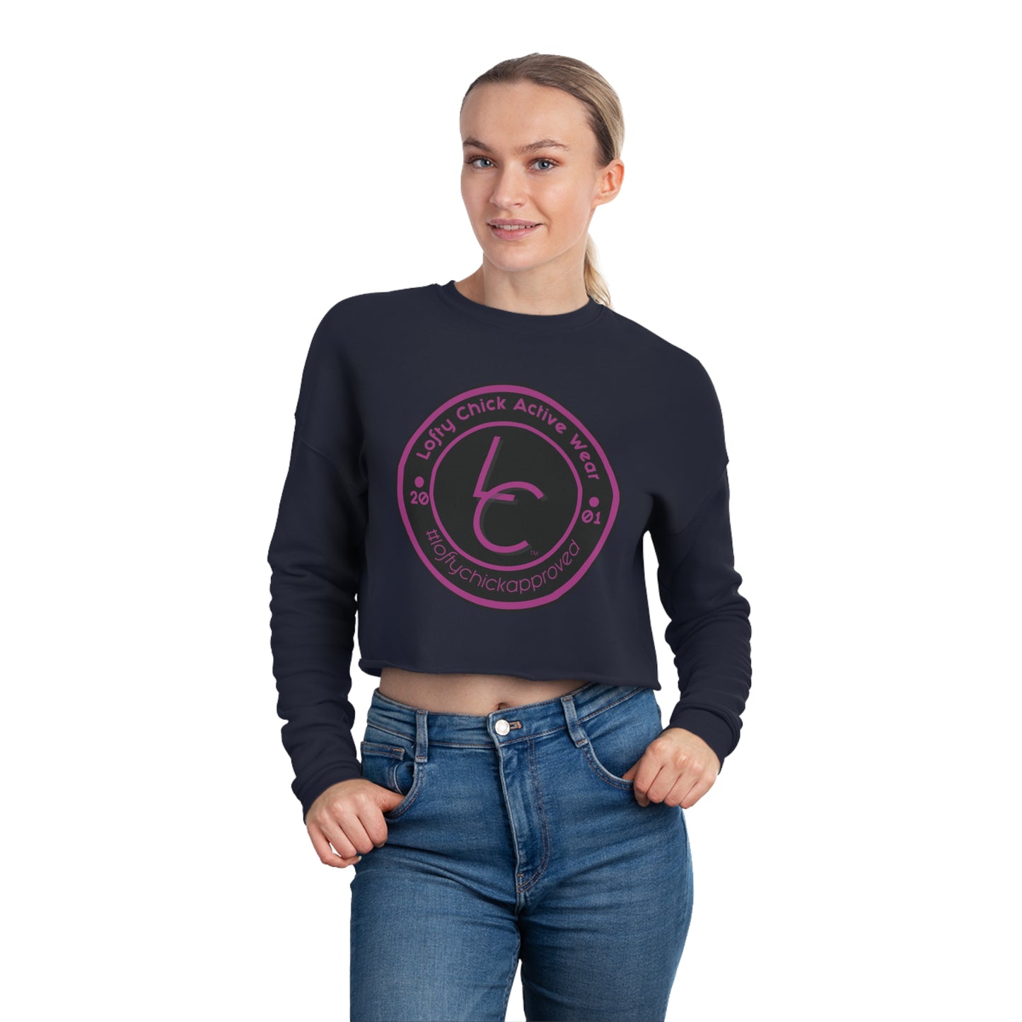 Women's Comfy Cropped Sweatshirt with Lofty Chick Emblem and #loftychickapproved Hastag Pink