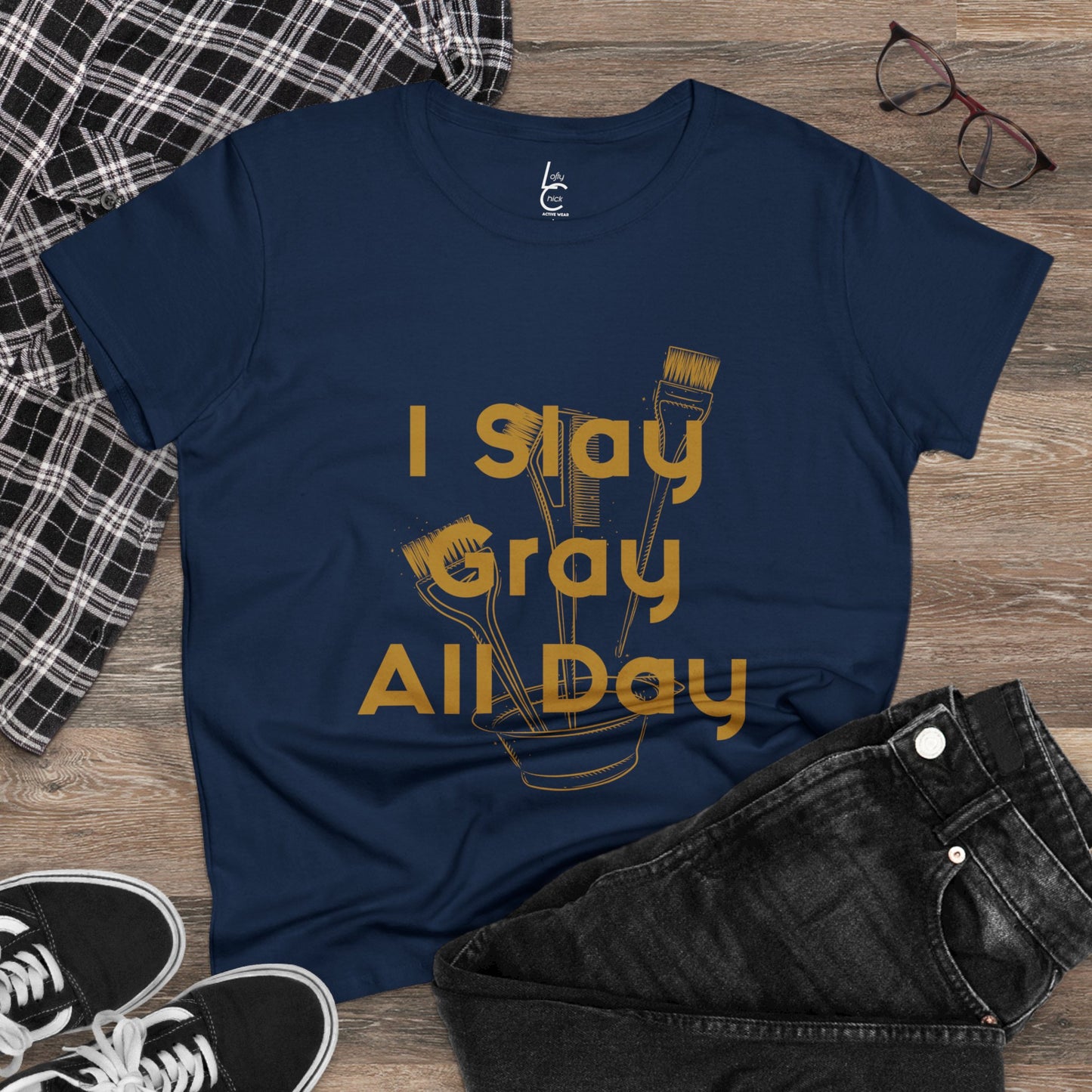 Cotton Graphic Tee I Slay Gray All Day For Hairstylist Cotton Tee Gold Text Tee Shirt Cotton Tee