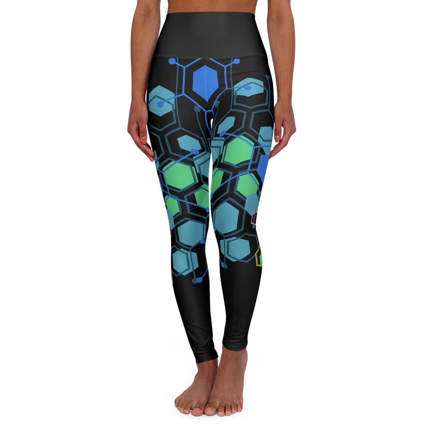 High Waisted Workout Leggings for Woman Green/Blue Geo on Blk