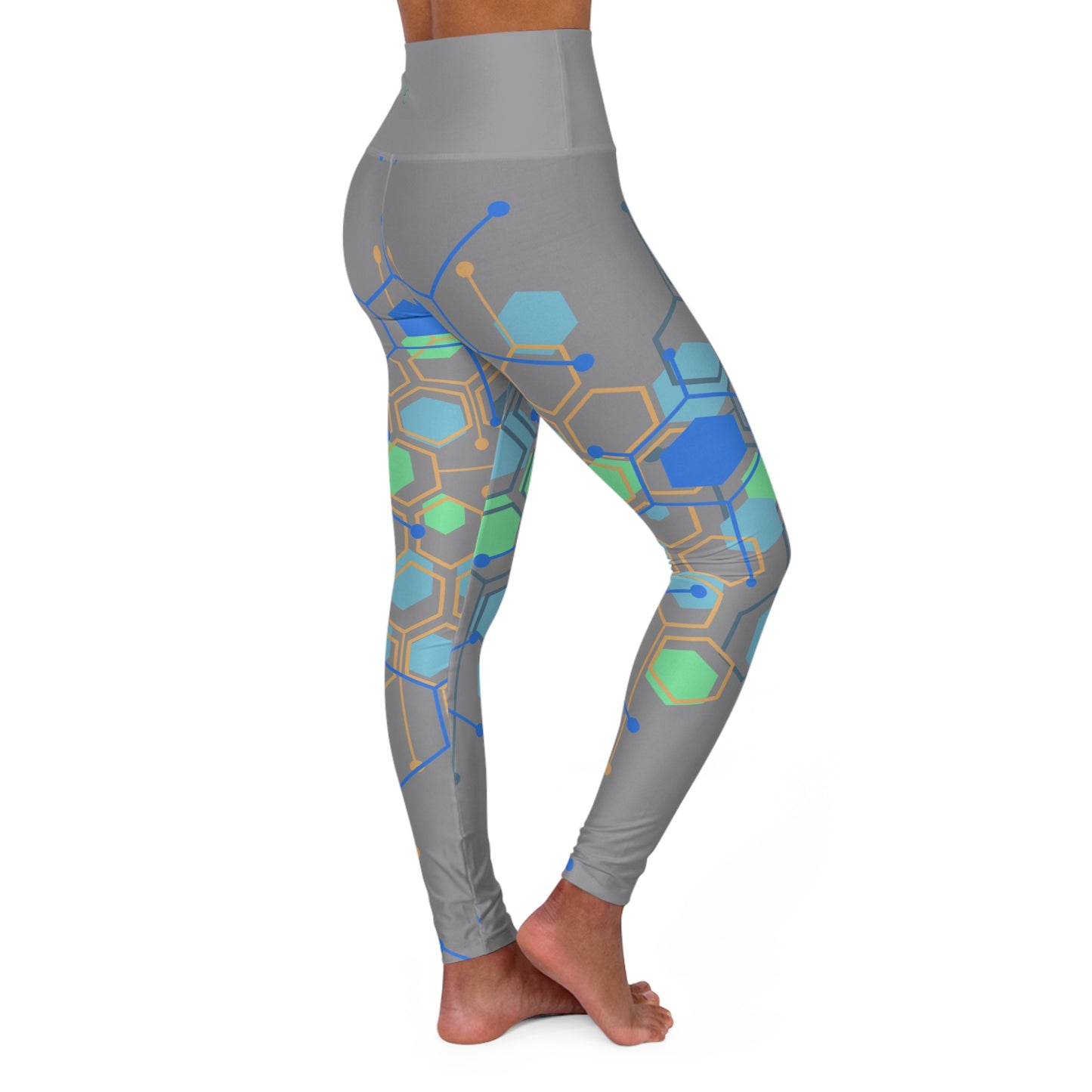 High Waisted Workout Leggings for Woman Green/Blue Geo on Gray