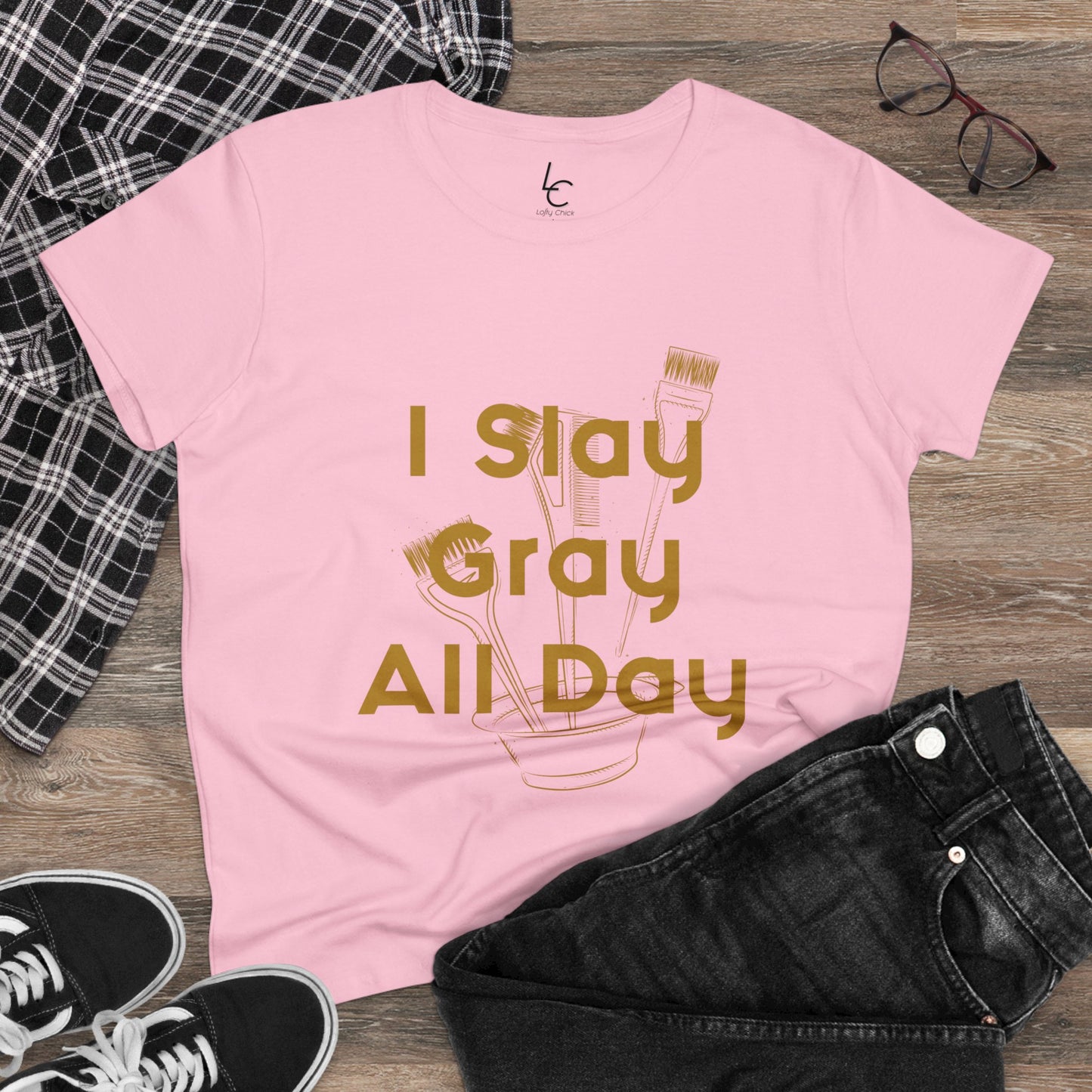 Cotton Graphic Tee I Slay Gray All Day For Hairstylist Cotton Tee Gold Text Tee Shirt Cotton Tee