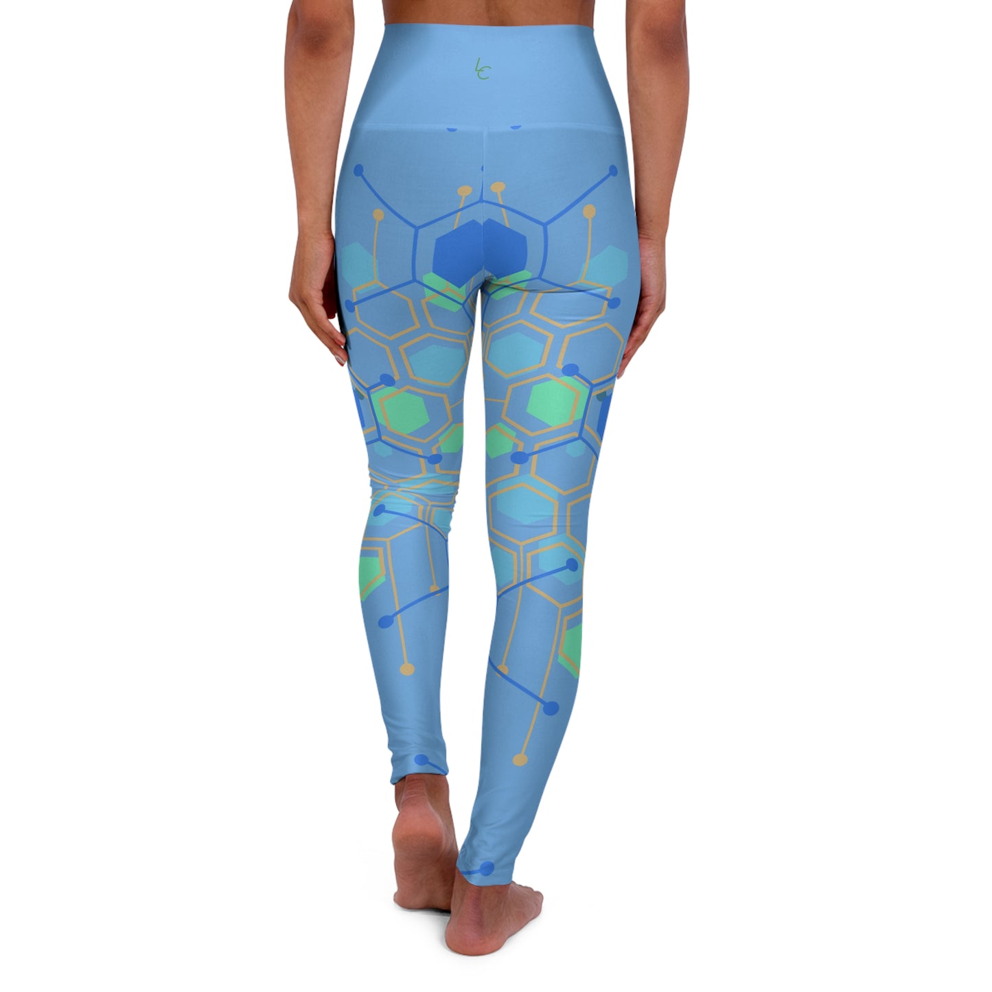 High Waisted Workout Leggings for Woman Green/Blue Geo on Lt Blue