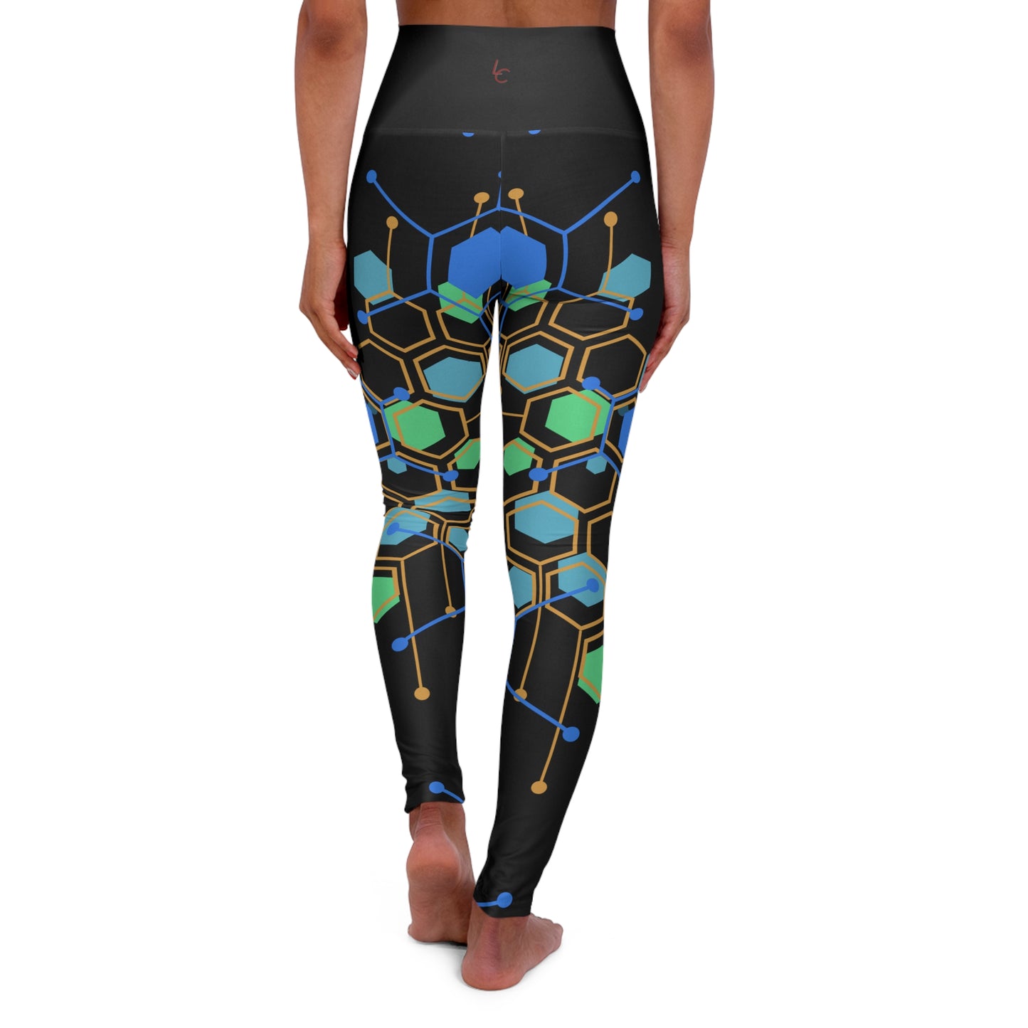 High Waisted Workout Leggings for Woman Green/Blue Geo on Blk