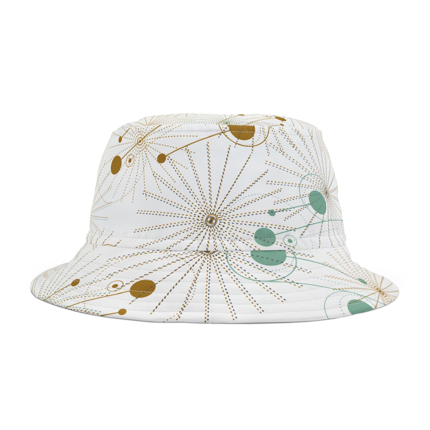 Bucket Hat with Geo Pop Designs in Green and Gold on White