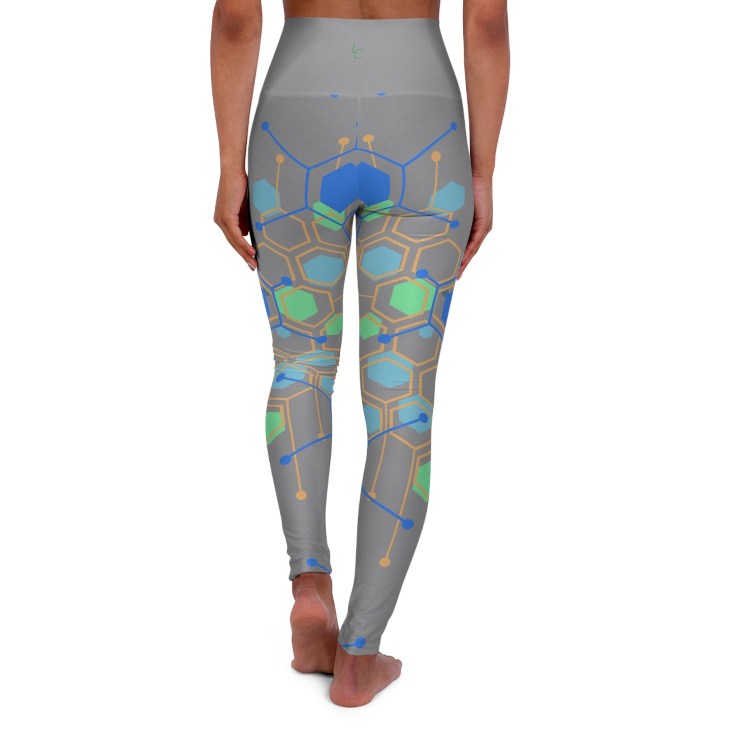 High Waisted Workout Leggings for Woman Green/Blue Geo on Gray