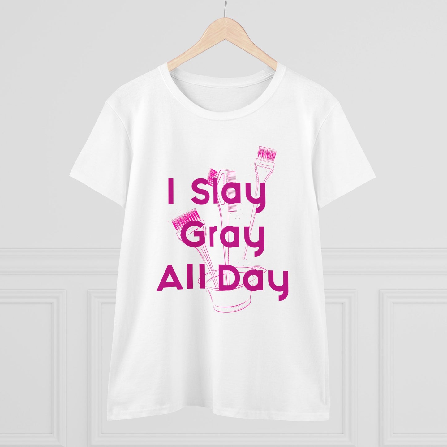 Cotton Graphic Tee for Hairstylist I Slay Gray All Day Cotton Tee Pink Text Tee Shirt Cotton Tee