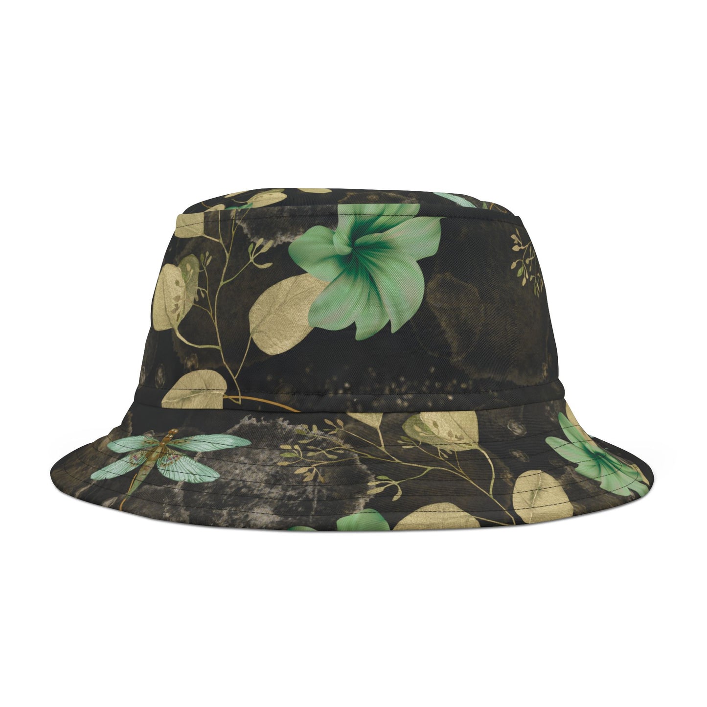 Bucket Hat with Green Dragon Flies on Black