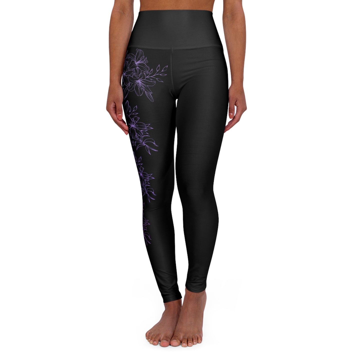 High Waisted Workout Leggings for Woman Purple Flowers on Black Yoga Pants for Woman's Pilates Pants