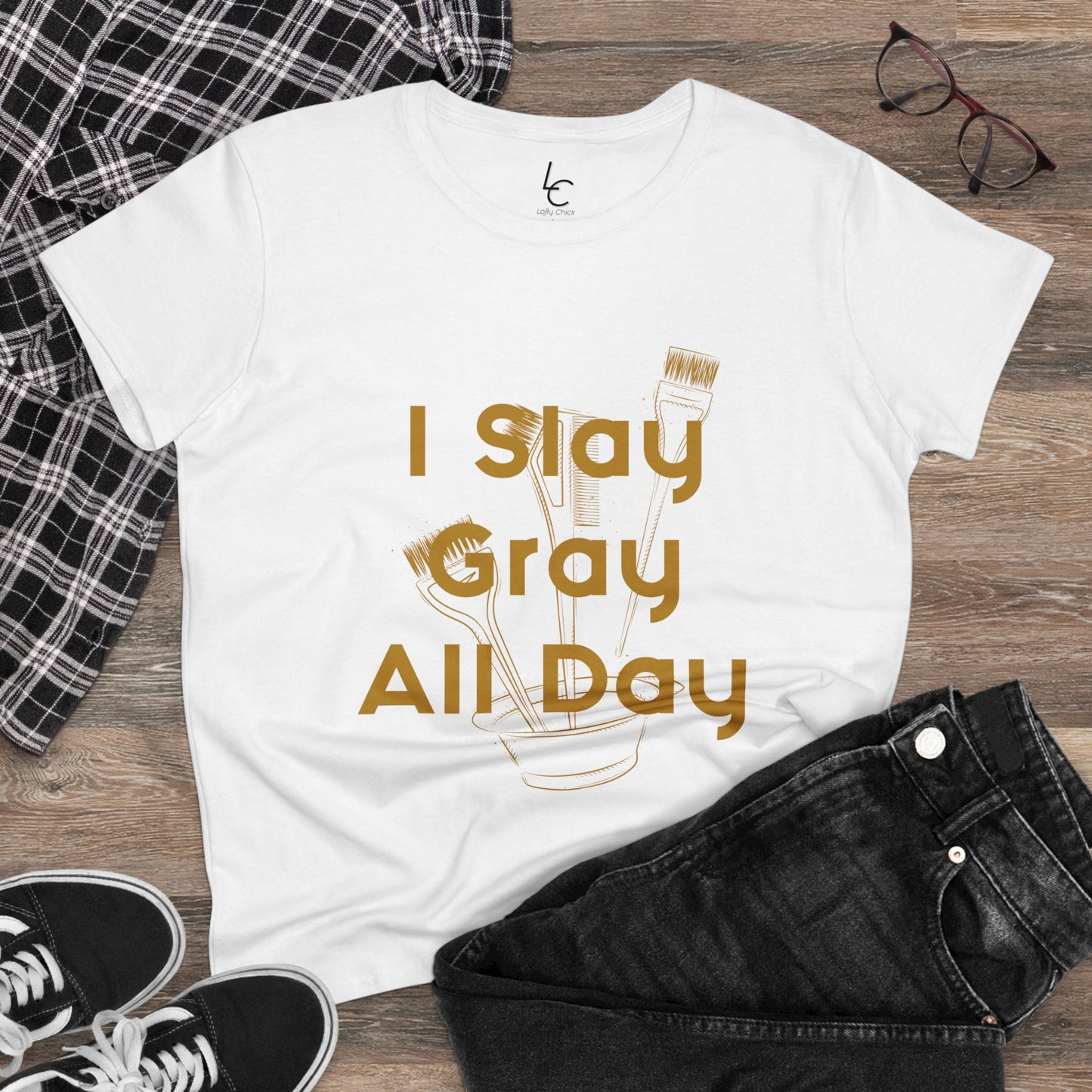 Cotton Graphic Tee I Slay Gray All Day For Hairstylist Cotton Tee Gold Text Tee Shirt Cotton Tee