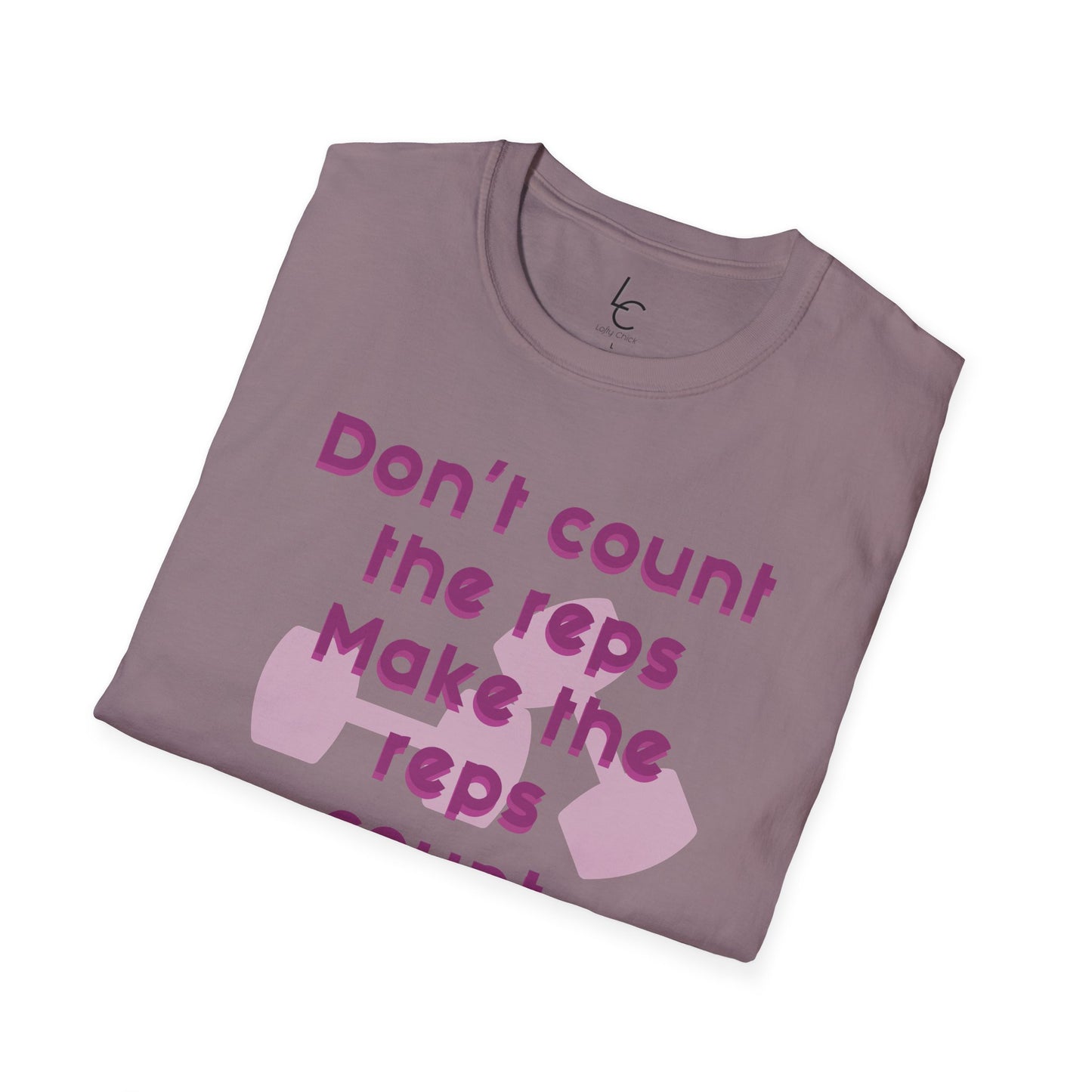 Graphic T-Shirt 'Don't count the reps Make the reps count' in Pink Weights