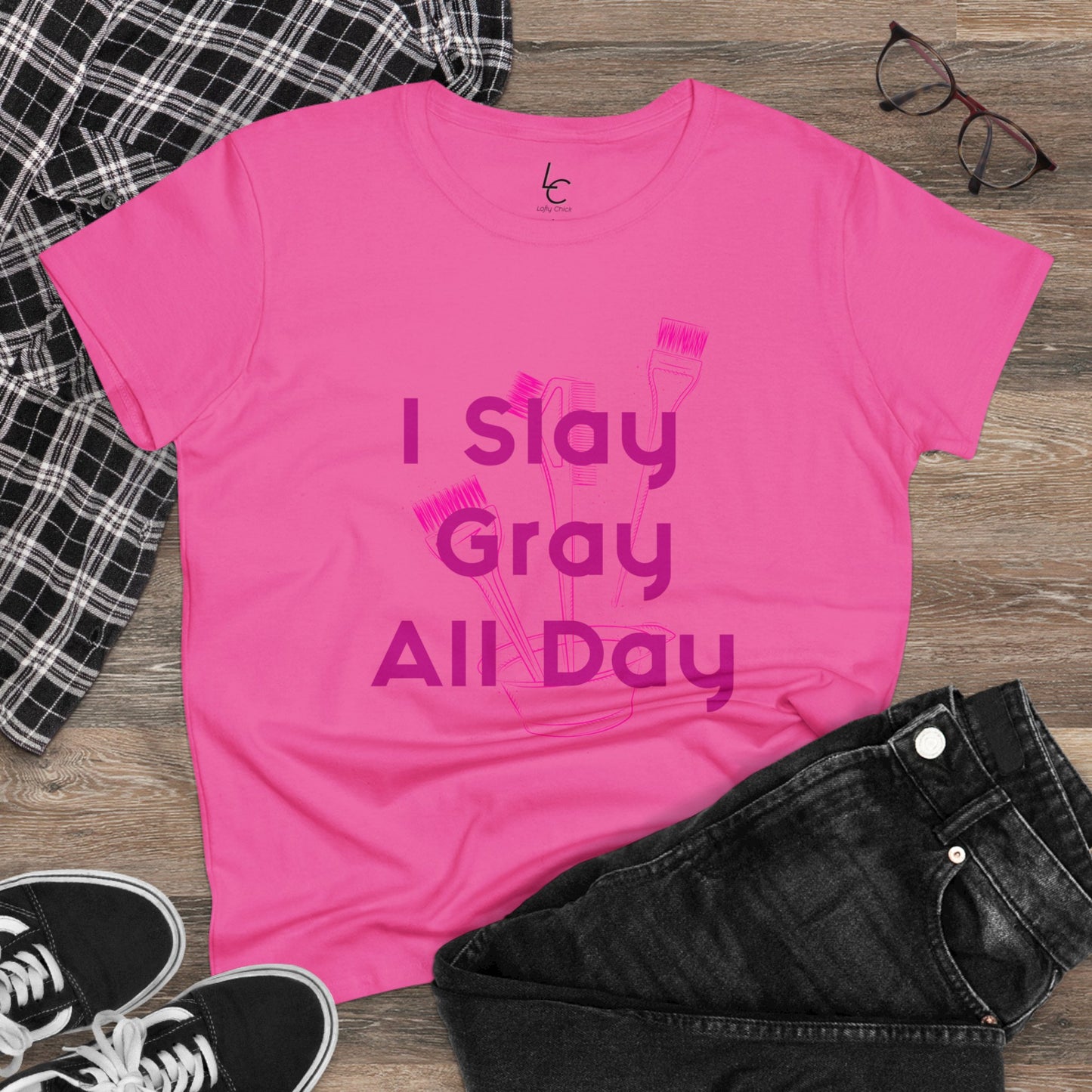 Cotton Graphic Tee for Hairstylist I Slay Gray All Day Cotton Tee Pink Text Tee Shirt Cotton Tee
