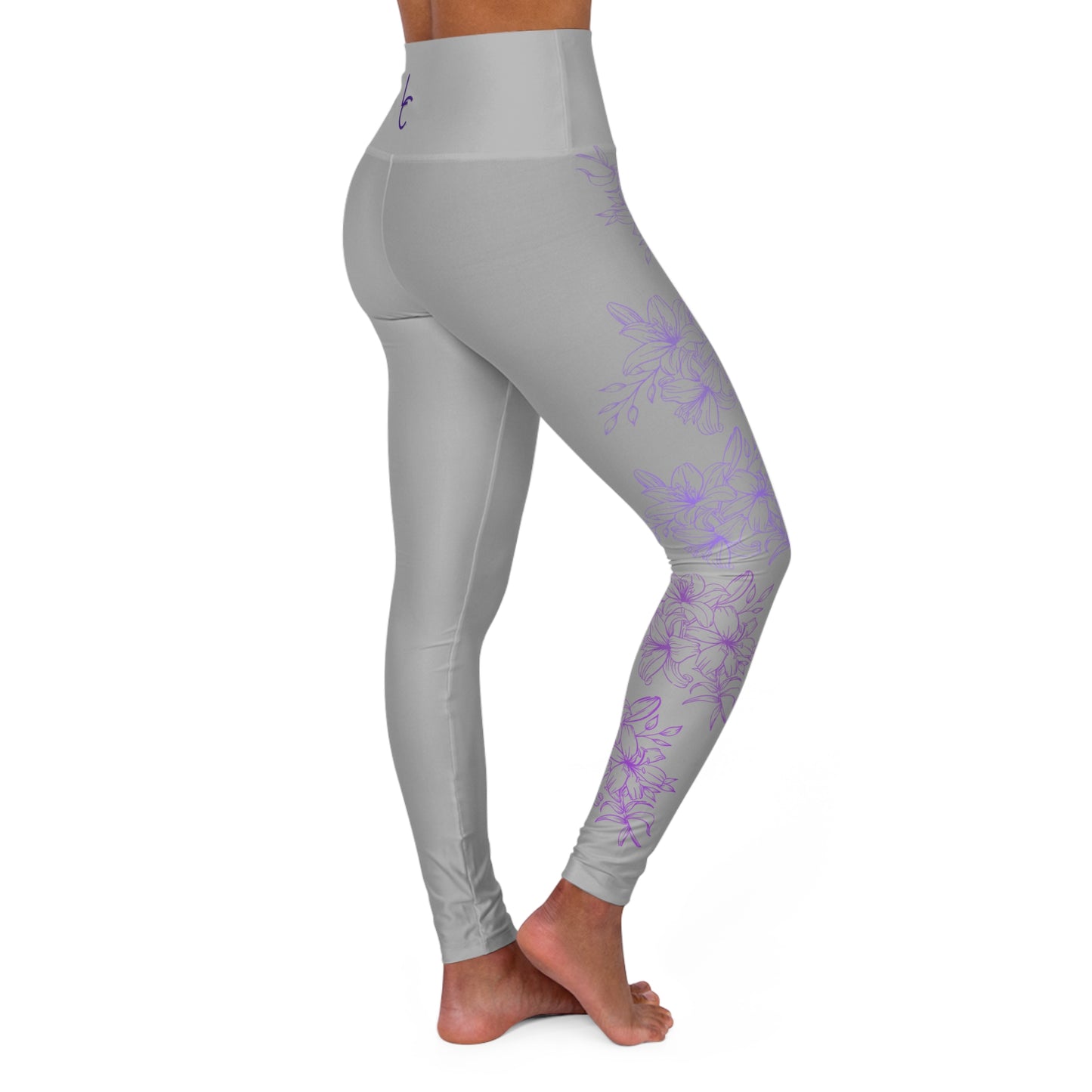 High Waisted Workout leggings Leggings for Woman Workout Gear Colorful Leggings Yoga Leggings with Purple Flowers on Gray