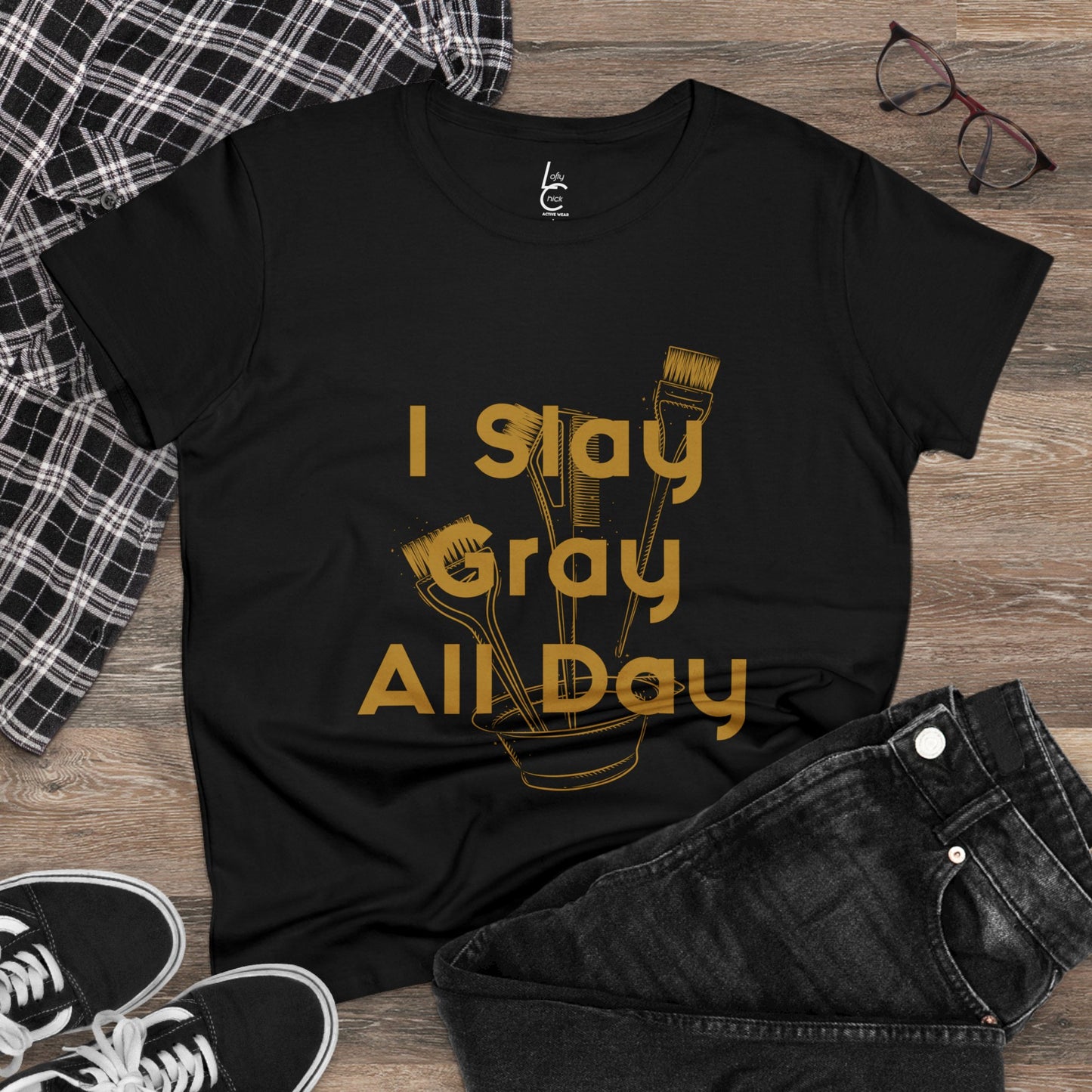 Cotton Graphic Tee I Slay Gray All Day For Hairstylist Cotton Tee Gold Text Tee Shirt Cotton Tee