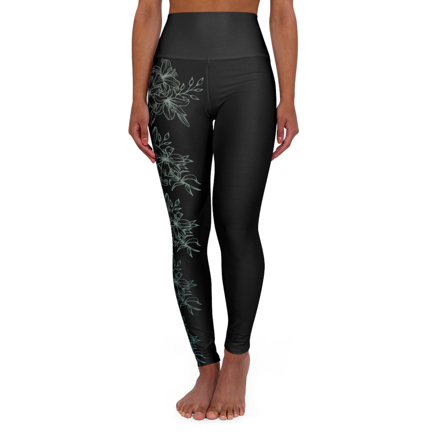 High Waisted Workout leggings Leggings for Woman Green Flowers/Black