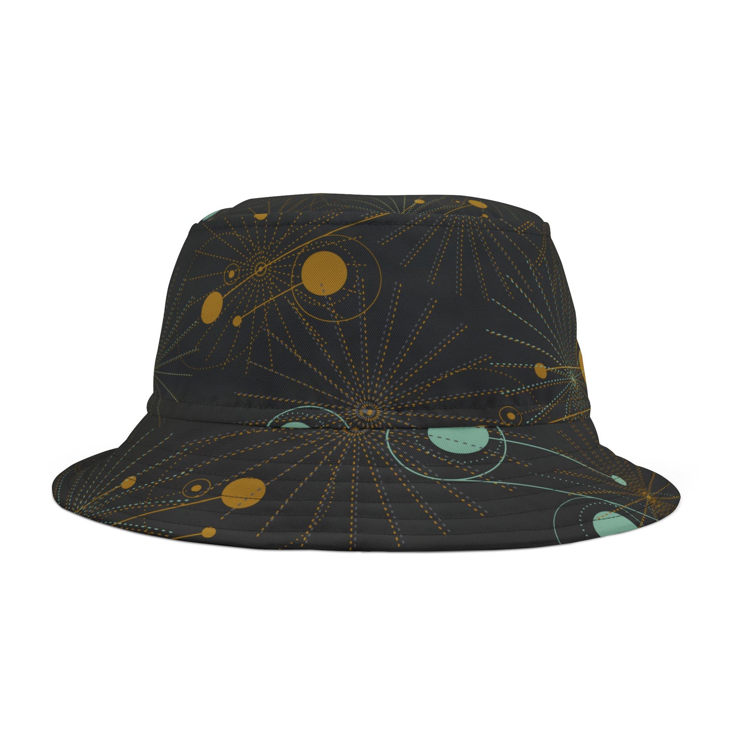 Bucket Hat with Geo Pop Designs in Green and Gold on Black