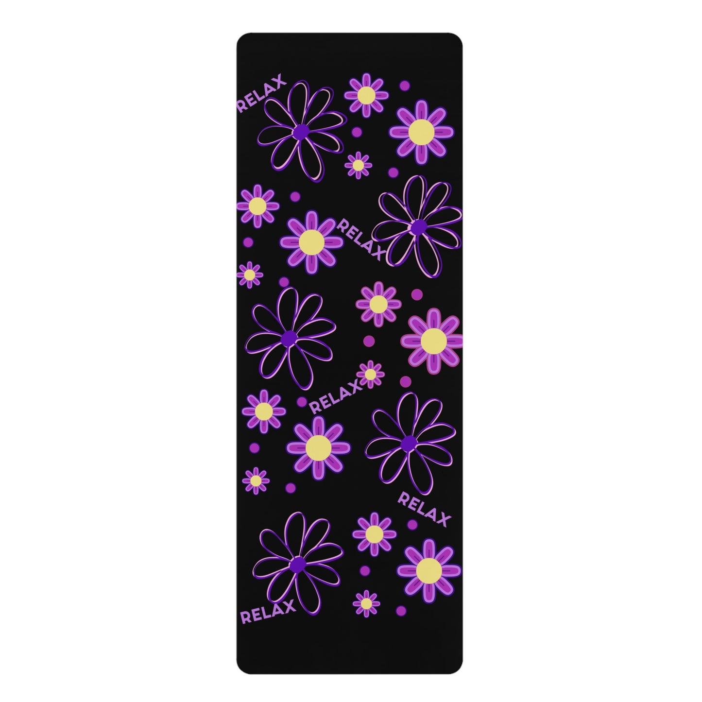 Rubber Yoga Mat, Purple Daisies on Black Non-Slip Exercise Pilates Gym Fitness, Eco-Friendly Extra Thick Workout Mat, Meditation Gift Idea