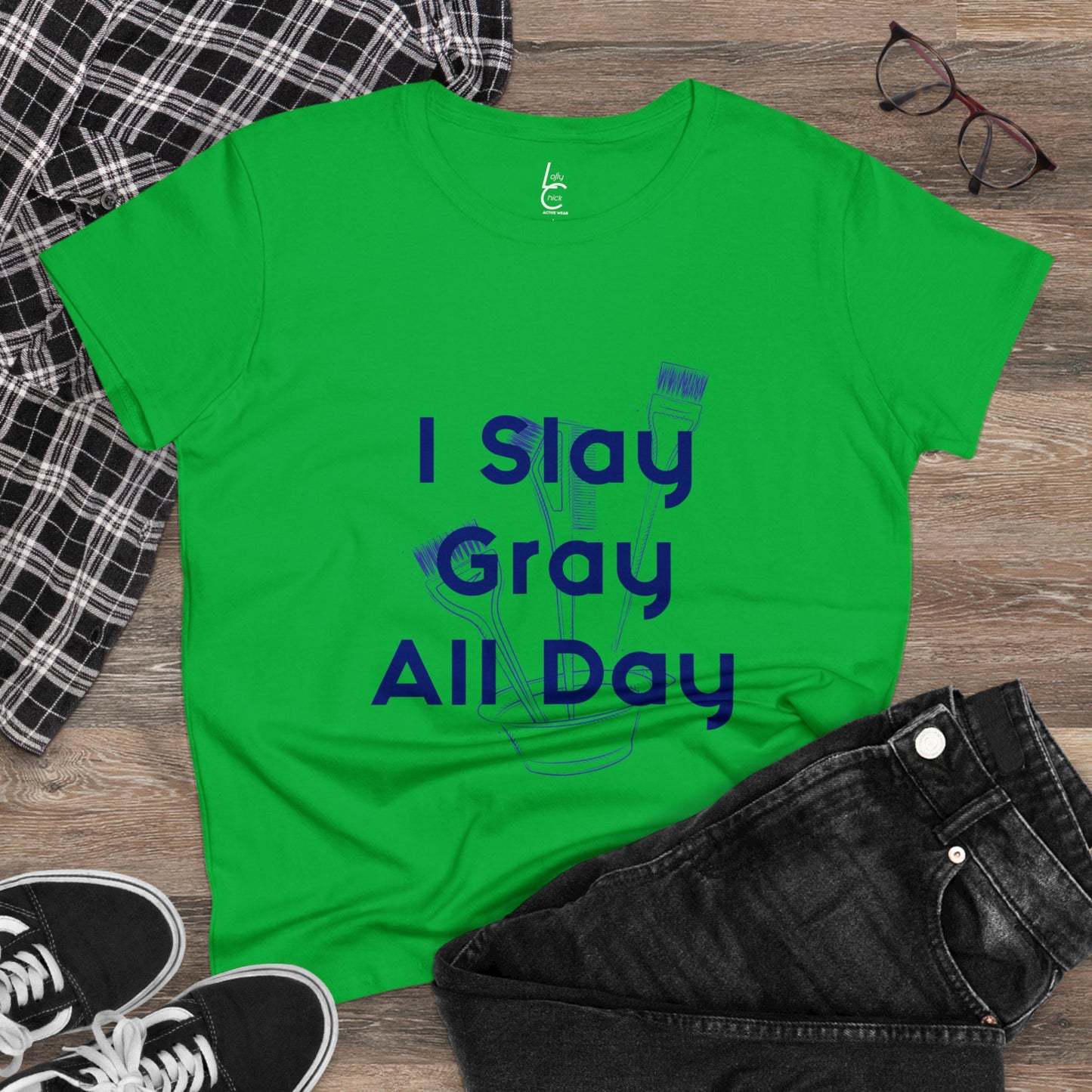 Cotton Graphic Tee for Hairstylist I Slay Gray All Day Cotton Tee Blue Text Tee Shirt Cotton Tee