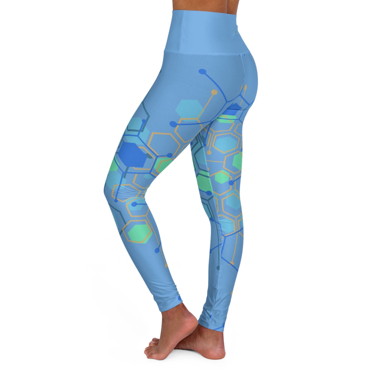 High Waisted Workout Leggings for Woman Green/Blue Geo on Lt Blue