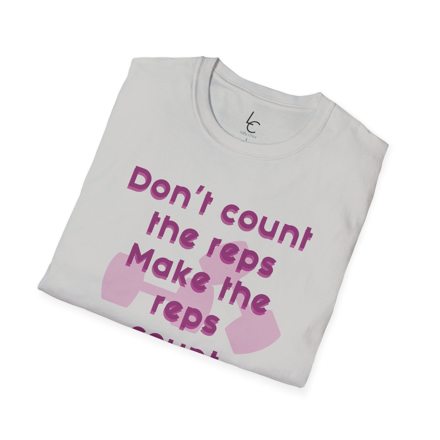 Graphic T-Shirt 'Don't count the reps Make the reps count' in Pink Weights