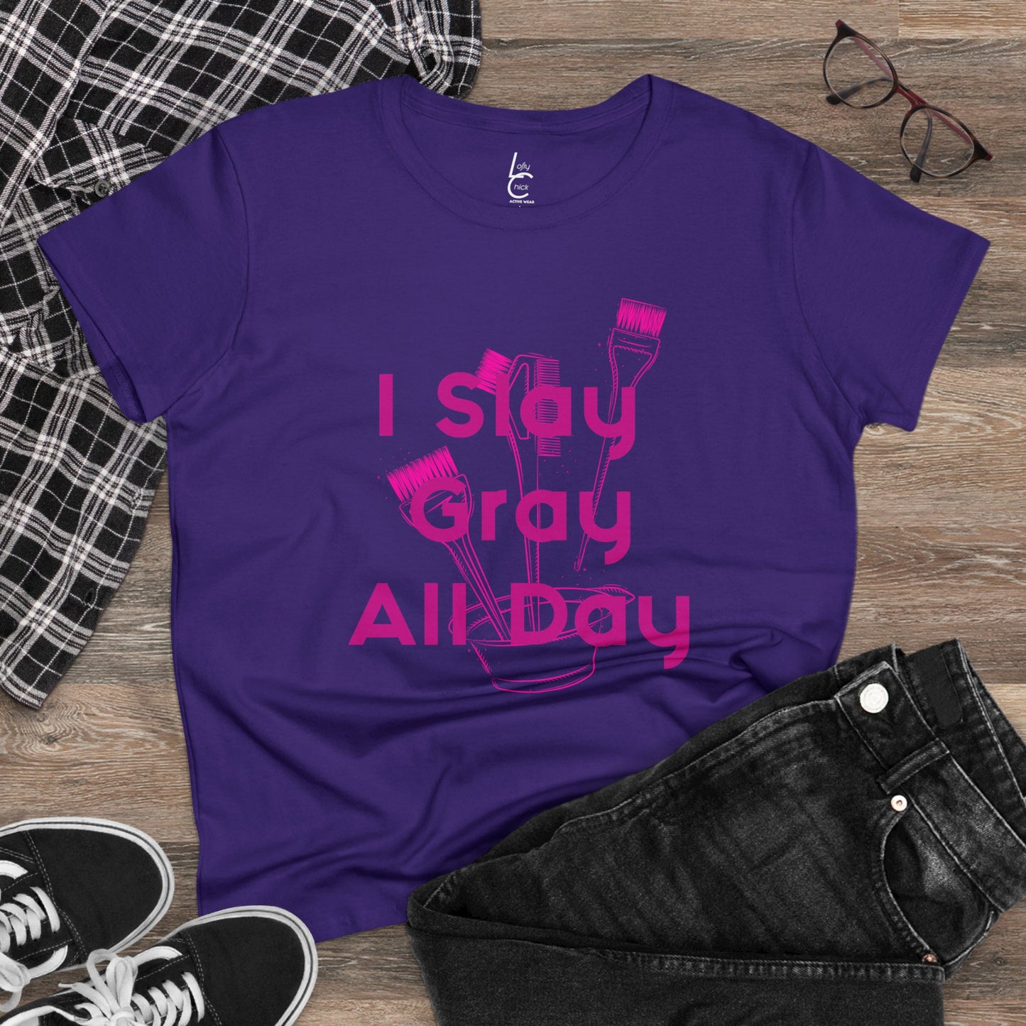 Cotton Graphic Tee for Hairstylist I Slay Gray All Day Cotton Tee Pink Text Tee Shirt Cotton Tee