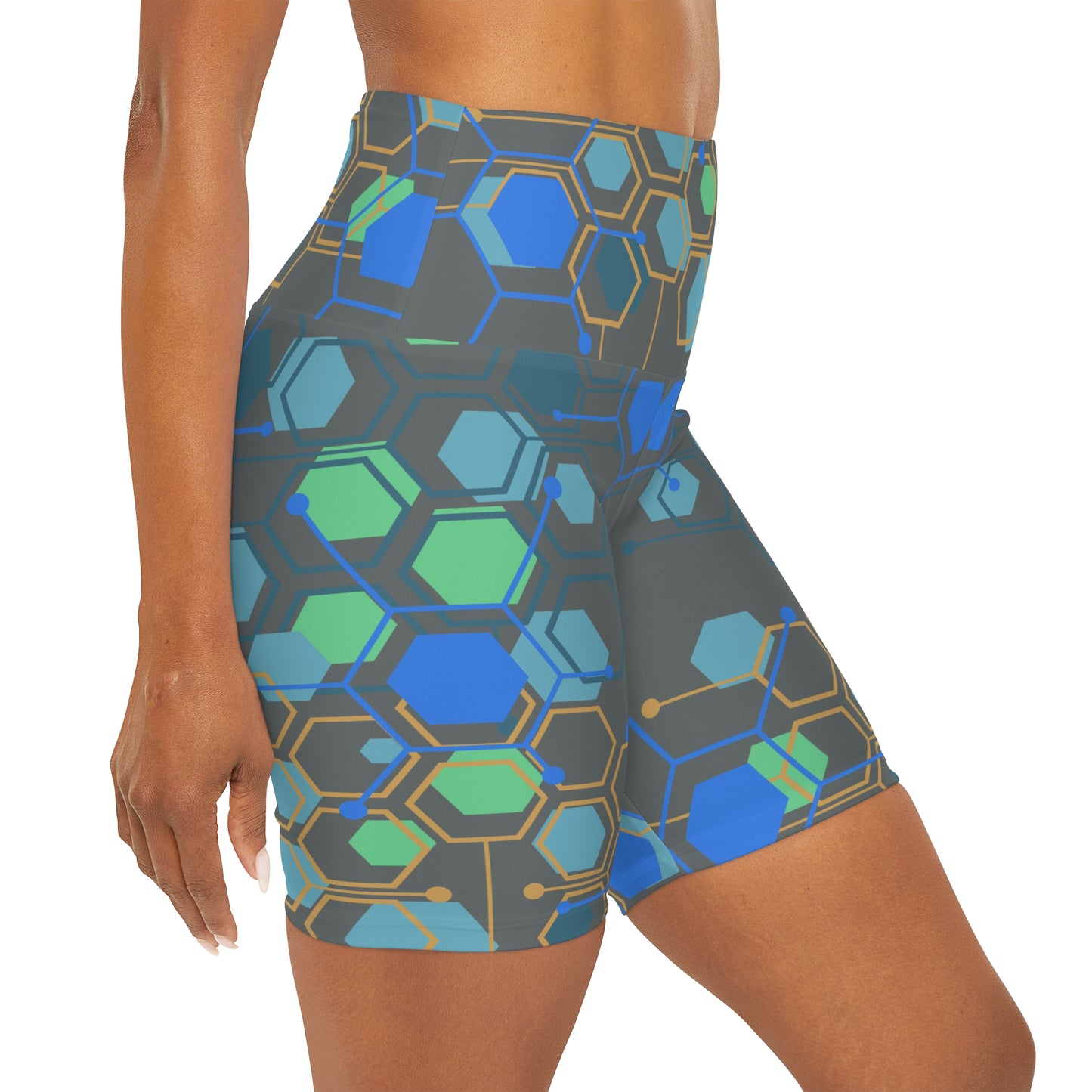 High Waisted Yoga Shorts with Blue and Grreen Geo Pop Design on Gray Yoga Shorts for Woman