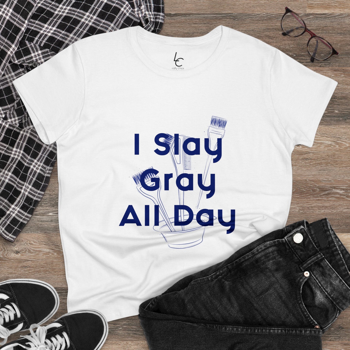 Cotton Graphic Tee for Hairstylist I Slay Gray All Day Cotton Tee Blue Text Tee Shirt Cotton Tee