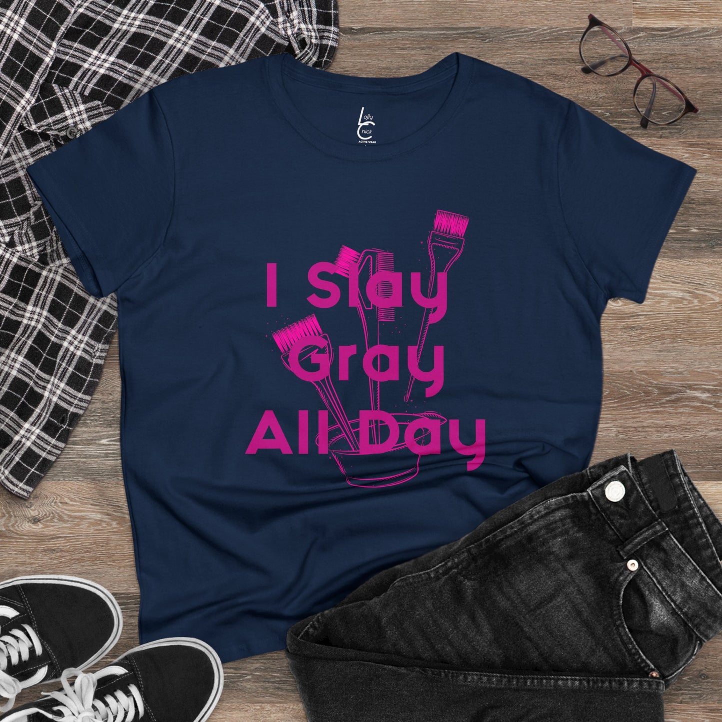 Cotton Graphic Tee for Hairstylist I Slay Gray All Day Cotton Tee Pink Text Tee Shirt Cotton Tee