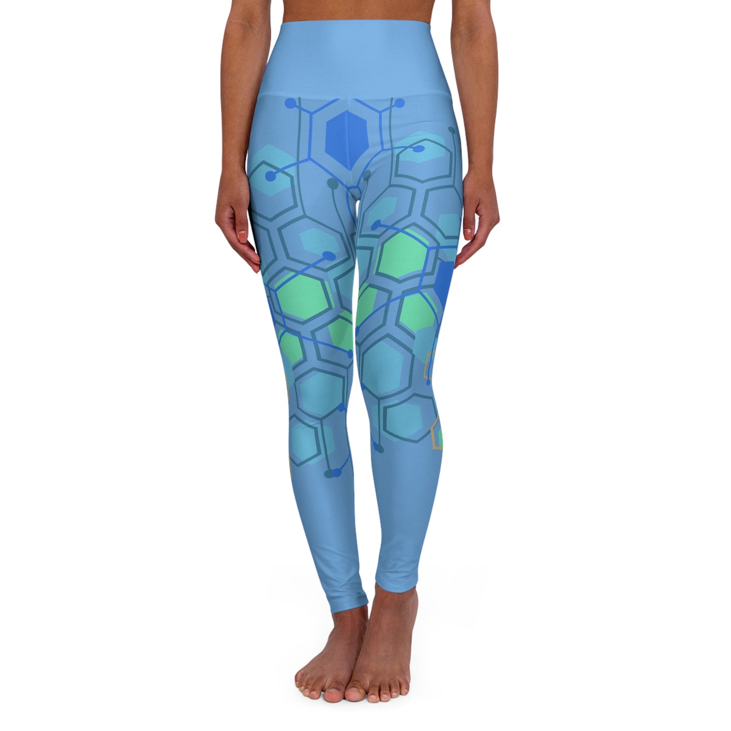 High Waisted Workout Leggings for Woman Green/Blue Geo on Lt Blue