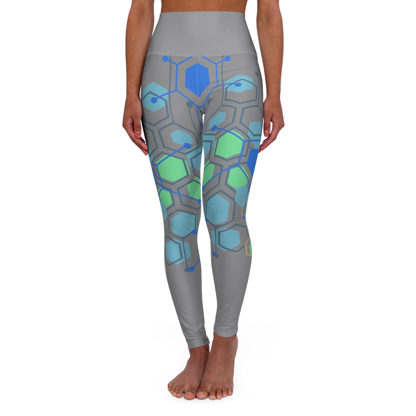 High Waisted Workout Leggings for Woman Green/Blue Geo on Gray