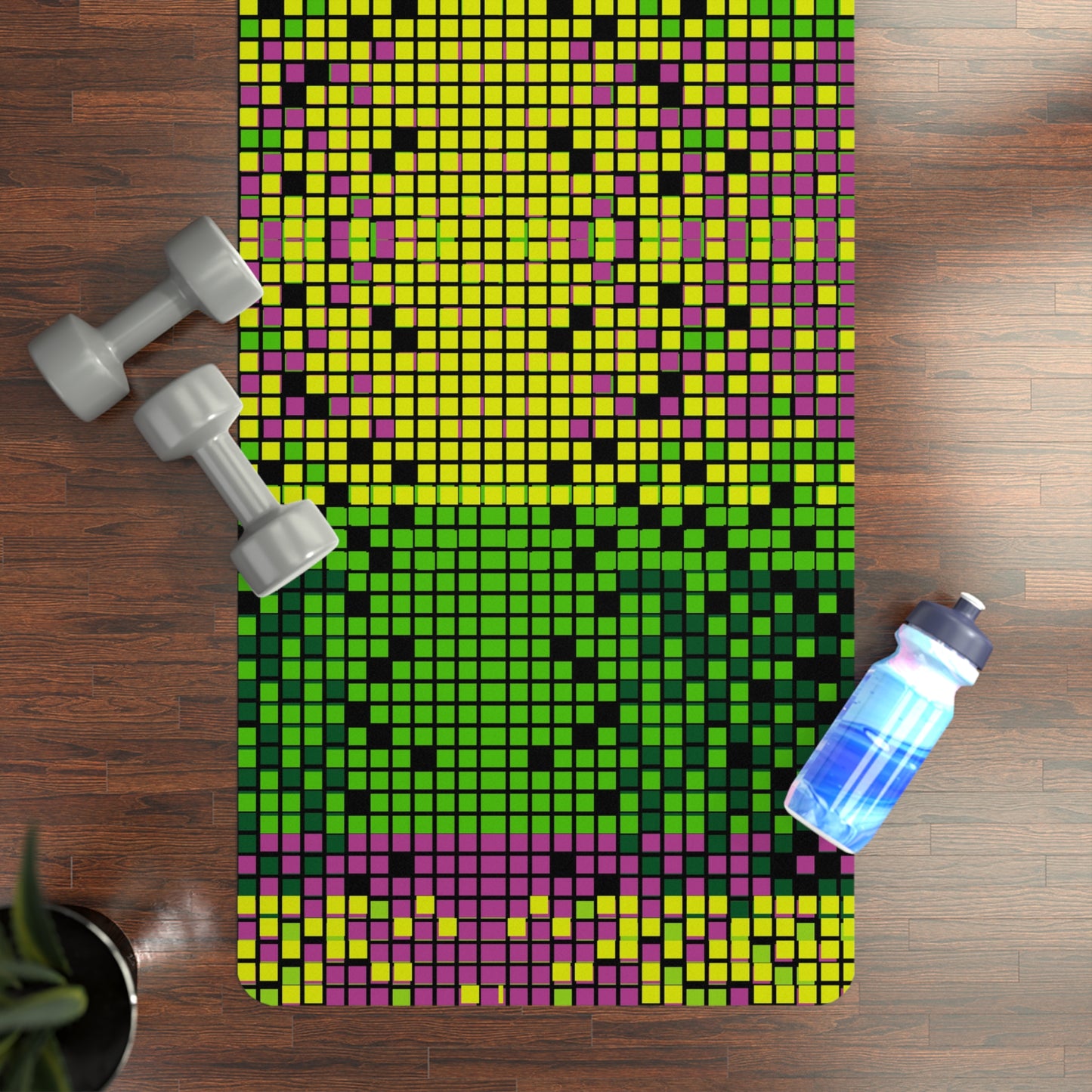 Rubber Yoga Mat Green Yellow Pink Pixels Non-Slip Exercise Pilates Gym Fitness, Eco-Friendly Extra Thick Workout Mat, Meditation Gift Idea