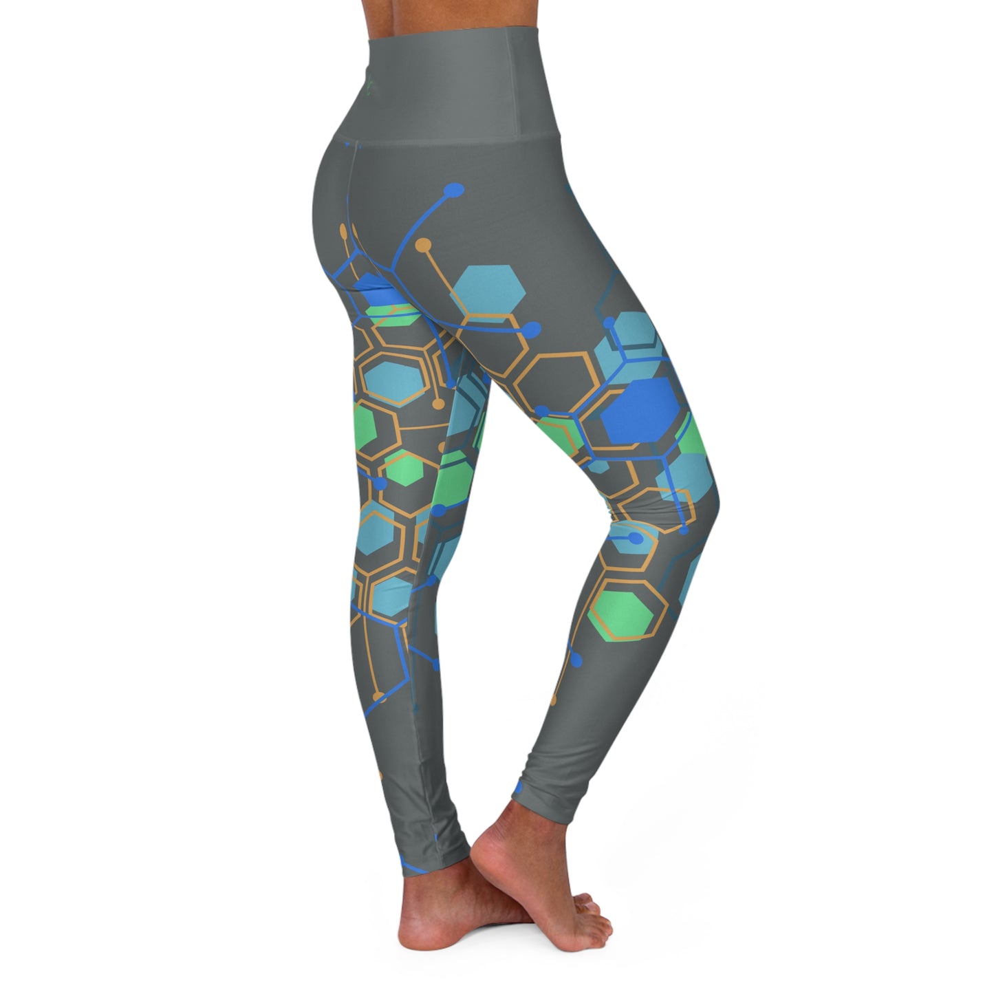 High Waisted Workout Leggings for Woman Green/Blue Geo on Dark Gray