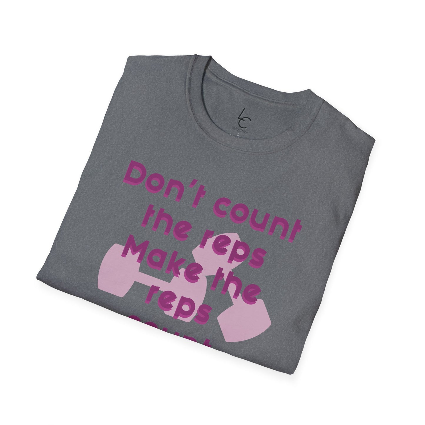 Graphic T-Shirt 'Don't count the reps Make the reps count' in Pink Weights