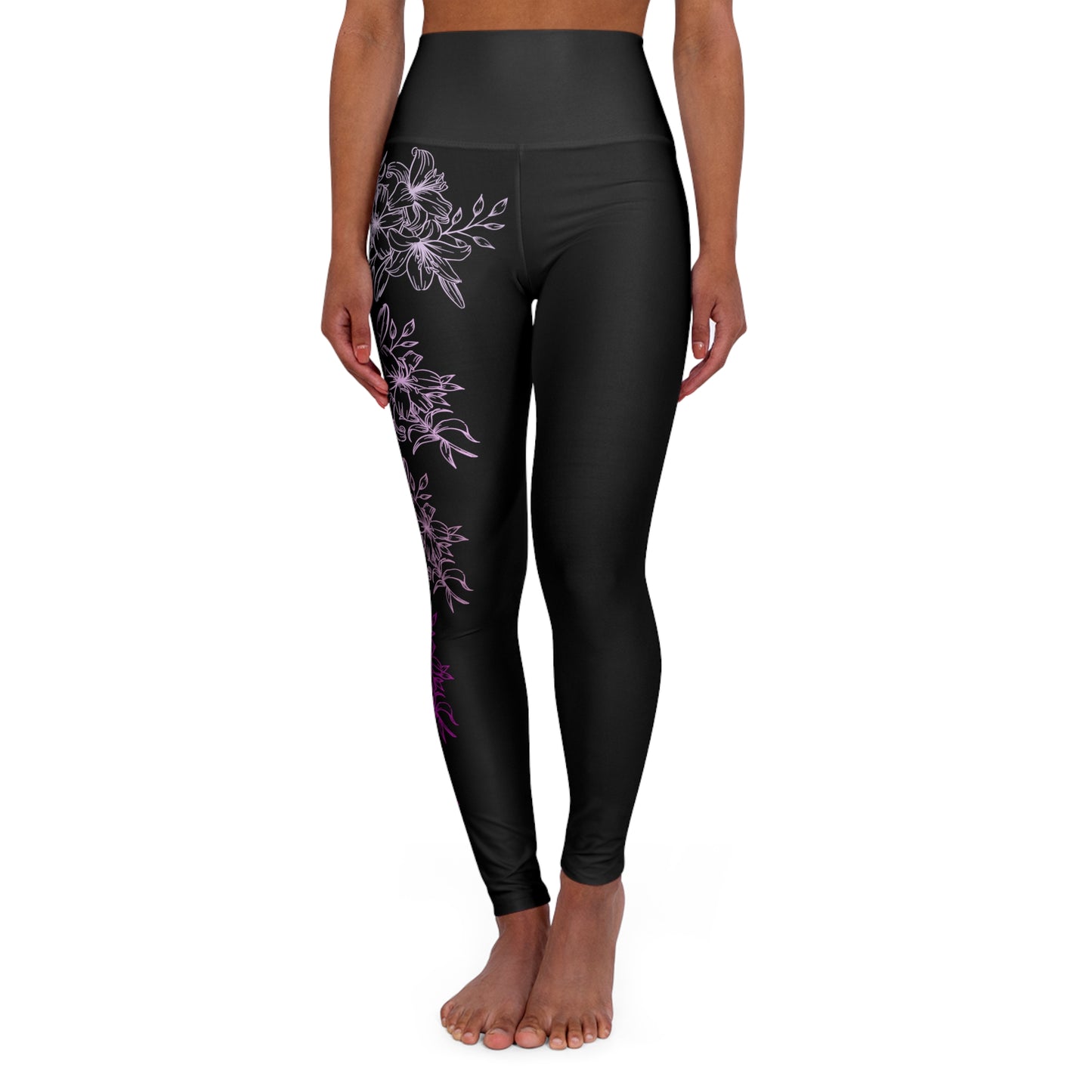 High Waisted Workout Leggings for Woman Pink Flowers/ Black