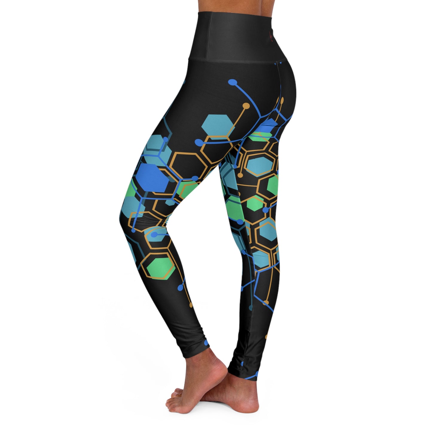 High Waisted Workout Leggings for Woman Green/Blue Geo on Blk