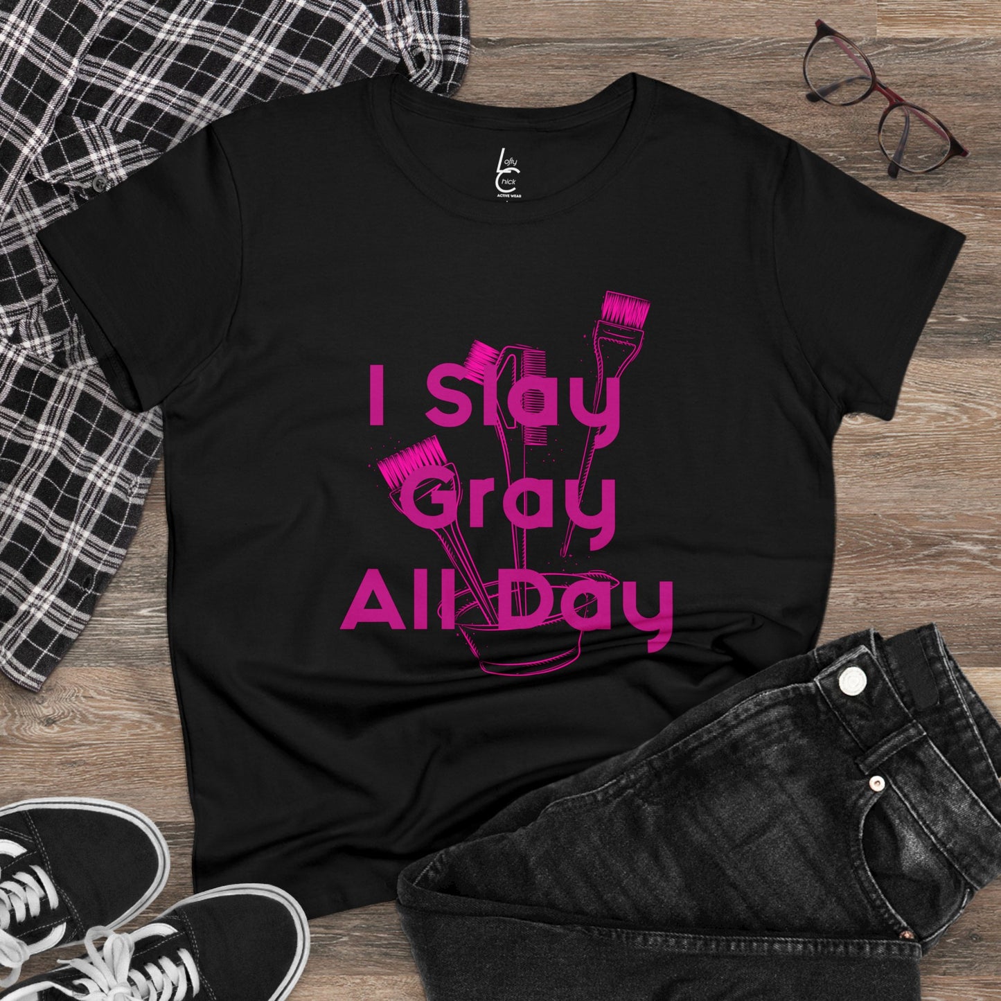 Cotton Graphic Tee for Hairstylist I Slay Gray All Day Cotton Tee Pink Text Tee Shirt Cotton Tee