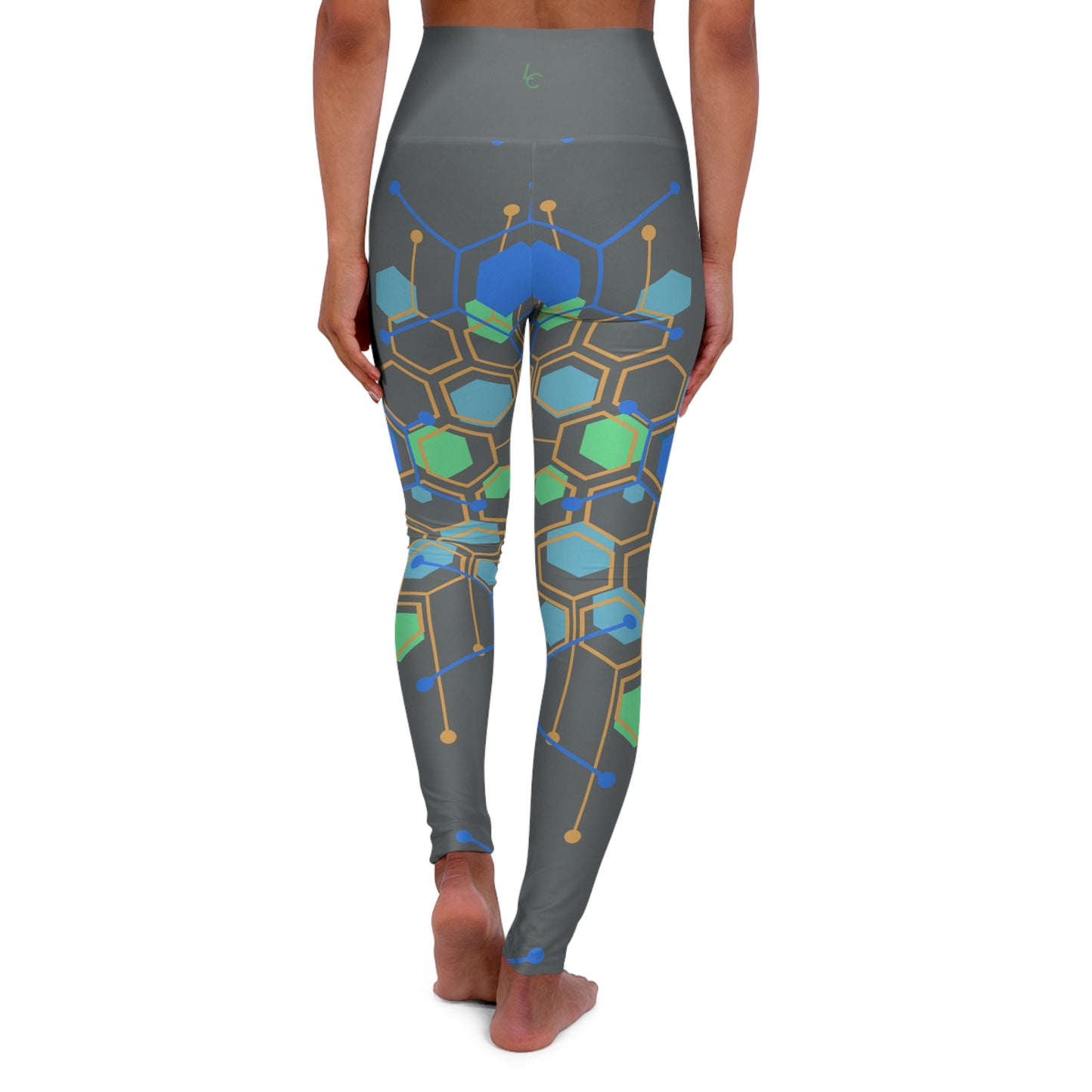 High Waisted Workout Leggings for Woman Green/Blue Geo on Dark Gray
