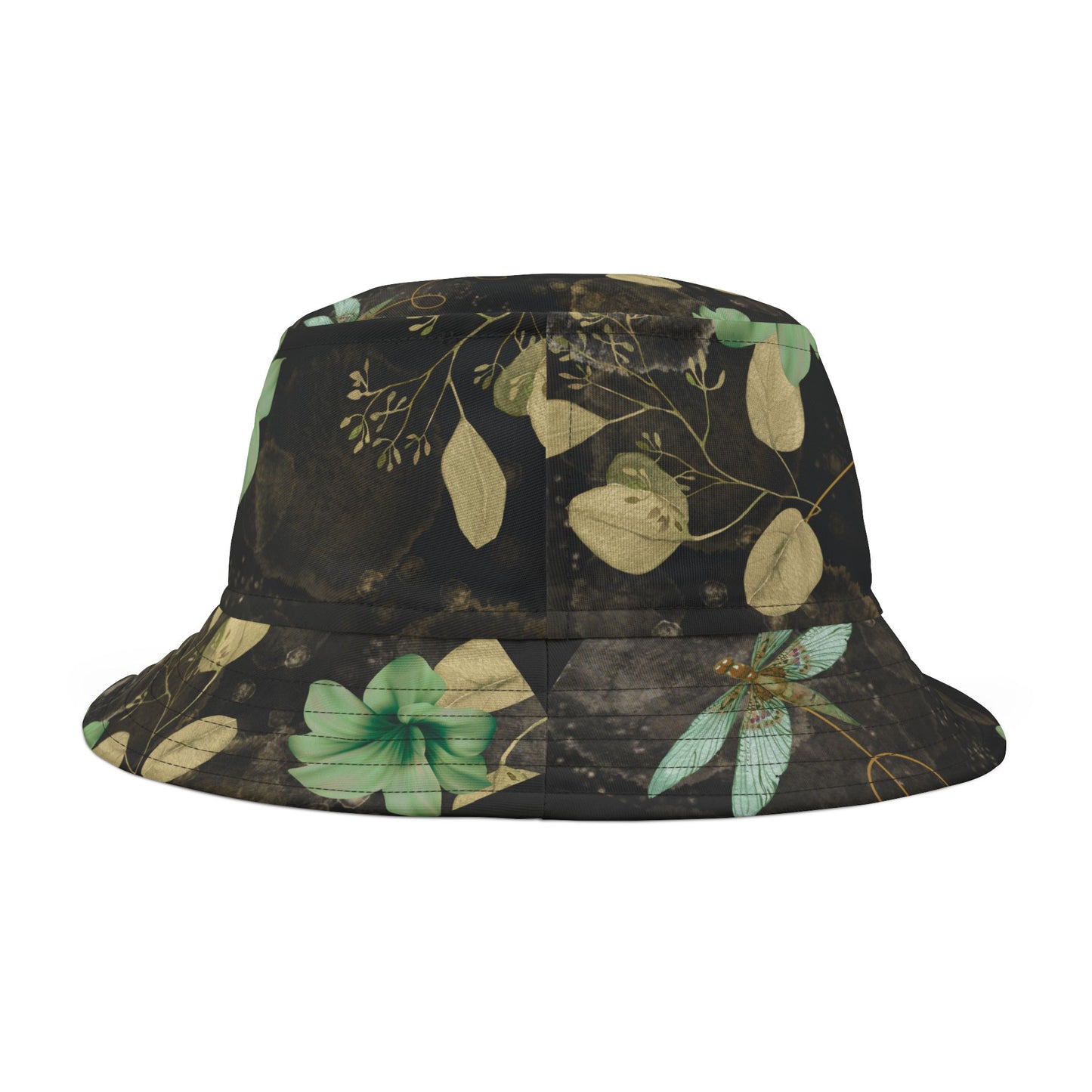 Bucket Hat with Green Dragon Flies on Black