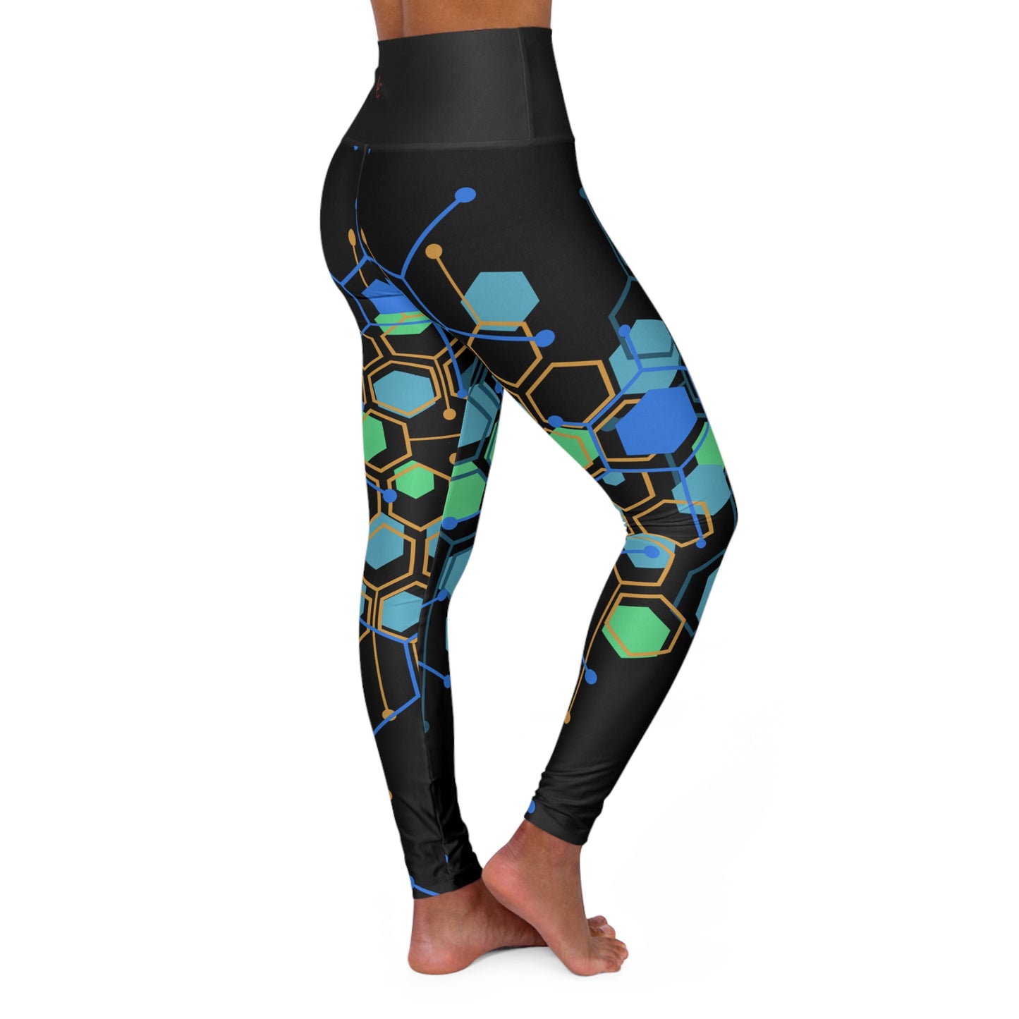 High Waisted Workout Leggings for Woman Green/Blue Geo on Blk