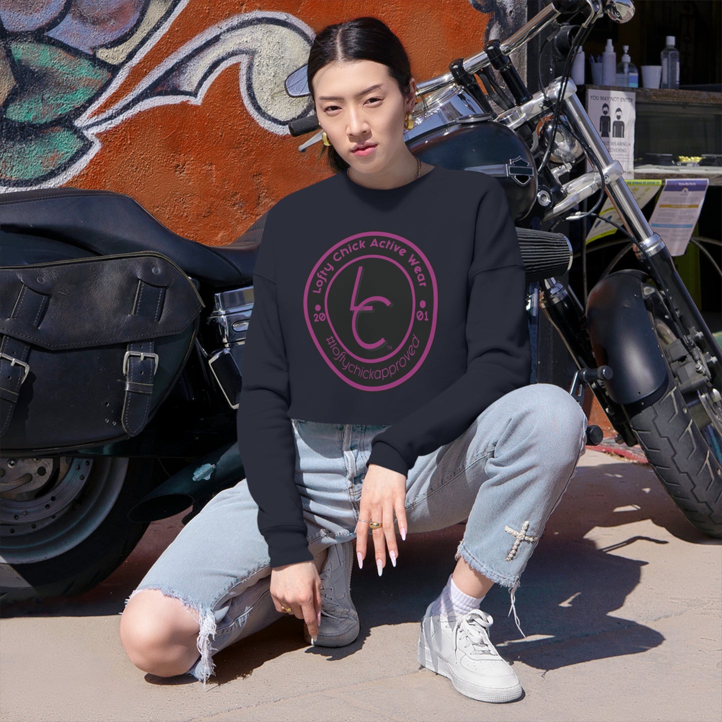 Women's Comfy Cropped Sweatshirt with Lofty Chick Emblem and #loftychickapproved Hastag Pink